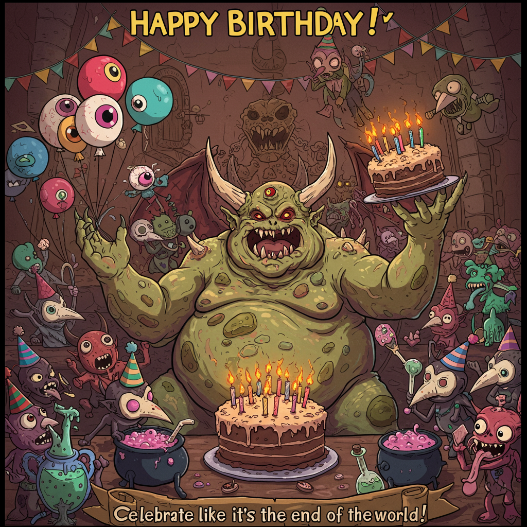 Nurgle chaos demon Birthday Cards - Silly Robot Cards