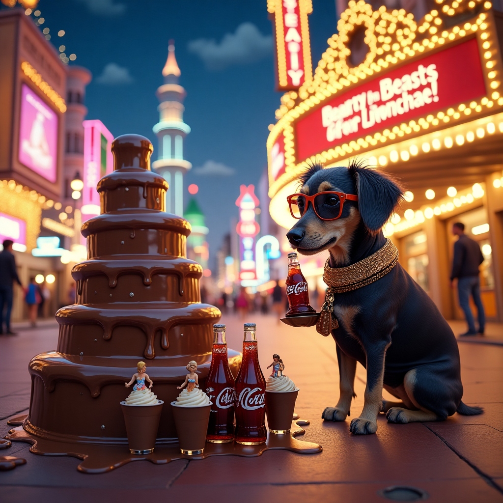 The front cover of the birthday card is a whimsical yet detailed photograph that tells a vibrant story. Picture a bustling scene on the iconic Las Vegas Strip, but with a magical Disney twist. The strip is adorned with shimmering, colorful lights, reminiscent of Disney's Main Street at night. In the foreground, a grand chocolate fountain is flowing, its rich brown rivulets glistening in the neon lights. Next to it, a stack of decadent cream cakes towers high, each topped with miniature figures of Beauty and the Beast waltzing on the icing.

In the midst of this dessert paradise, two fluffy bichon frises, Millie and Lola, are dressed as showgirls, complete with feathered headpieces and sequined collars, prancing around the fountain. They're sipping from Coca-Cola bottles, their playful antics caught mid-sip. Beyond this sweet spectacle, a replica of London's West End theatre looms, its marquee featuring a large poster of "Beauty and the Beast: The Musical," giving a nod to the theatre theme.

Standing near the theatre entrance is Leonchae, the birthday girl, who is prominently featured in the scene. She is depicted wearing a stylish black outfit that highlights her love for classic style, her glasses catching the sparkle of the surrounding lights. Her pear-shaped silhouette is accentuated as she leans joyfully into the fun of the moment, one hand holding a tiny sparkling purse, the other a chocolate truffle.

Above it all, a huge, skyward LED screen, like those commonly seen in Vegas, is lit up with "Happy 50th Birthday, Leonchae!" in dazzling gold letters, creating a centerpiece to the scene. The background also features a whimsical detail—clouds shaped like the Disney castle, completing the fantasy-infused landscape. This imaginative depiction ties all the elements into one celebratory scene, making it the perfect cover for a birthday greeting card.
Generated with these themes: Vegas, Disney, Her 2 female bichon frise dogs, Millie & Lola, She is 50, she wears black, she wears glasses, she is pear shaped, Cream cakes, Coca cola in small glass bottles, London, Beauty & the beast, The theatre, Chocolate, and .
Made with ❤️ by AI.