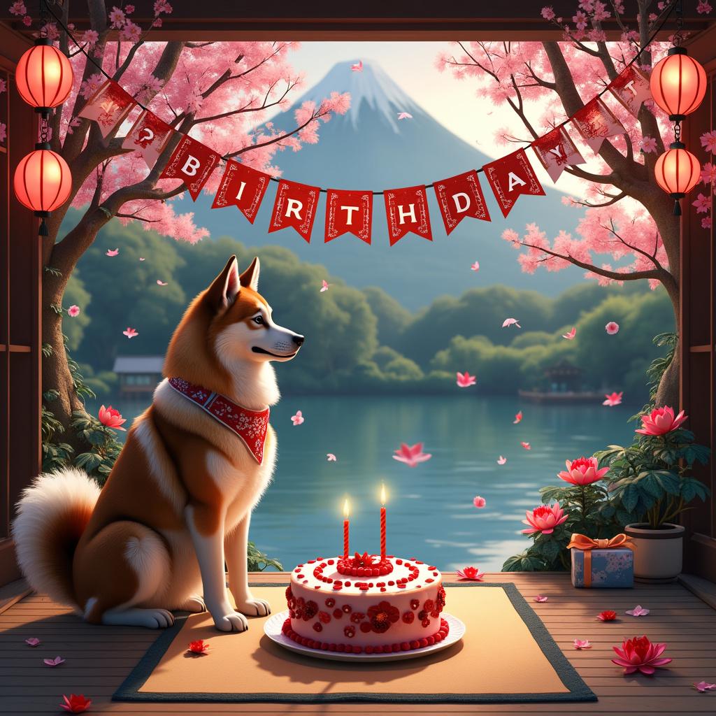 1) Birthday AI Generated Card - Japanese Akita, Japan, and Stained glass  (89429)