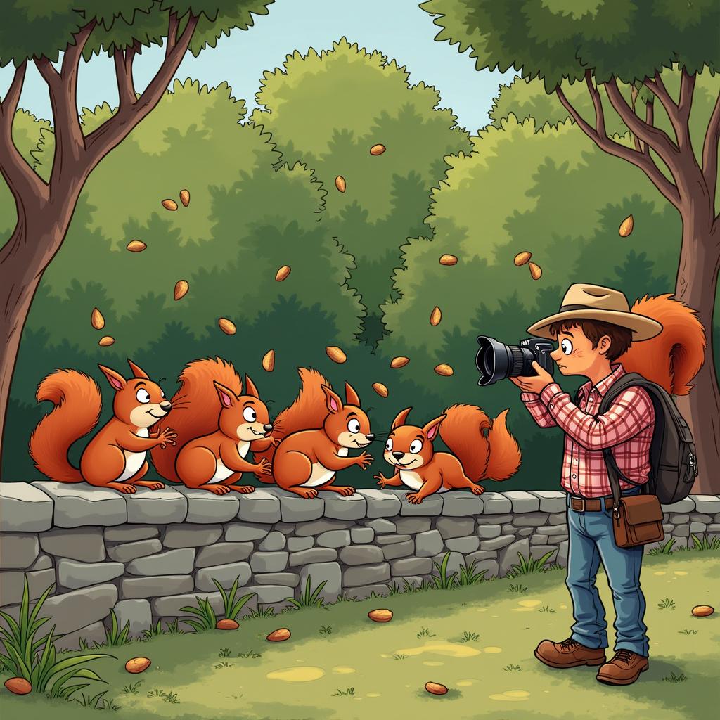 1) Thank-you AI Generated Card - red squirrels on wall. trees . man photographer taking photos (aab99)