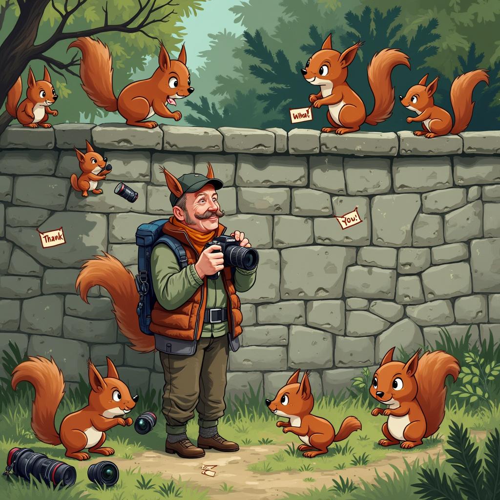 The illustration depicts a quirky thank-you scene with a humorous twist. In the midst of a dense, verdant forest, red squirrels enliven the stony texture of an old wall, their energetic movements a stark contrast to the static stones. Each squirrel, with fur in shades of reddish-brown, is cartoonishly oversized, with exaggerated features like oversized heads and large, expressive eyes, and is depicted in various states of play. Some are depicted with small props such as hats or holding 'thank you' signs. The foliage of the trees behind the wall is illustrated with a mix of deciduous and coniferous species, adding to the lush feeling of the scene with their intricate leaf patterns and pine needles. Amongst the scenery, a solitary man is present, dressed in a nature-inspired attire of greens and browns, vest laden with pockets for his photography gear. He is in mid-stride, camera in hand, poised to snap a photo, a look of focused determination to capture the perfect shot of the squirrels on his face. Around him are scattered several lenses and filters, as well as a backpack with a partially visible tripod attached, suggesting his preparedness for any photographic opportunity.
Generated with these themes: red squirrels on wall. trees . man photographer taking photos.
Made with ❤️ by AI.