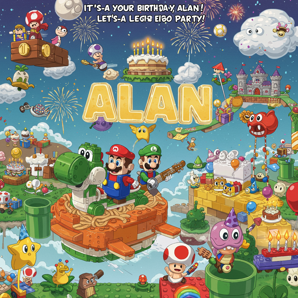**Prompt:**  
At the top of the cartoon image, *“It's-a Your Birthday, Alan! Let’s-a Lego Party!”*

Surreal cartoon image featuring a bizarre mashup of Mario and Luigi made entirely out of LEGO bricks, riding a giant, floating, spaghetti-powered LEGO Yoshi through a dreamlike birthday dimension. The sky is filled with floating warp pipes that drip birthday cake frosting instead of coins, and rainbow-colored Koopa Troopas dance the conga across candy brick roads. In the background, a castle made of LEGO presents is guarded by surreal balloon Goombas wearing party hats and sunglasses. Alan's name appears sculpted in mid-air from translucent jelly bricks, illuminated by star-shaped fireworks with googly eyes. The entire scene hovers above a floating LEGO cloud shaped like a slice of cake, where surreal versions of Toad throw confetti made from dancing music notes.
Generated with these themes: mario, luigi and lego.
Made with ❤️ by AI.