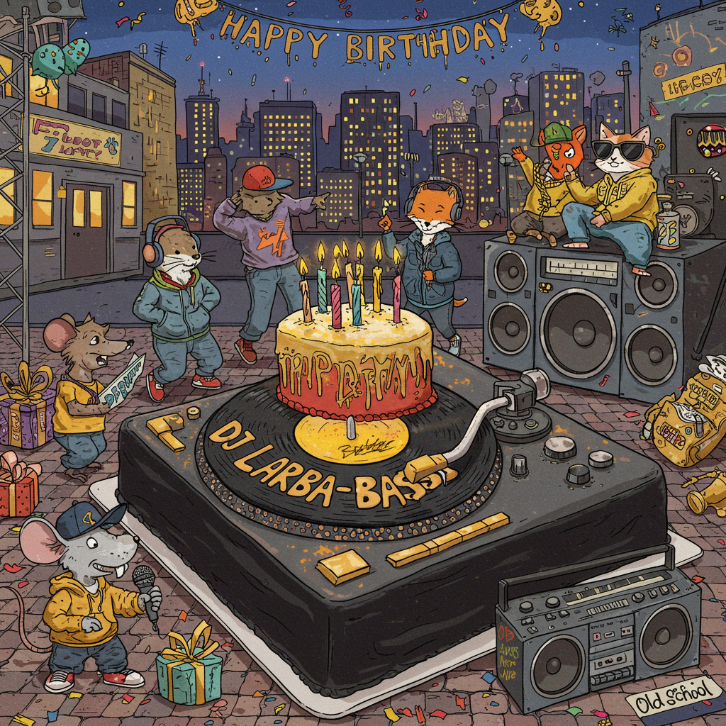 In the foreground, a hand-drawn hip-hop-themed birthday party unfolds. At the center, a detailed, expressive turntable-shaped birthday cake dominates the scene, intricately iced in shades of matte black and metallic gold. The cake's stylus arm, meticulously crafted, is poised over a fondant vinyl record. Vibrant, graffiti-inspired icing spells out "DJ LARBA-BA$$" across the record's label, capturing the gangsta rap theme.

To the left of the cake, a small, cheeky mouse in baggy pants and a backward cap is poised, holding a tiny microphone. Its whiskers are detailed, and the fur is illustrated with fine cross-hatching in shades of grey and white. To the right, a group of cartoonish, anthropomorphic animals are getting down to the beat. A rabbit with oversized headphones bounces energetically, its ears flopping with each movement, while a fox in a puffy jacket nods along, paw resting on an oversized boombox with "Old School" stickered on it.

The background reveals a vibrant urban skyline at dusk, with skyscrapers sketched in sharp lines, topped with antennas and glowing windows in warm yellows and oranges. Above, the sky is a rich blend of indigo and violet, dotted with whimsical, cartoon-style stars that seem to pulse with the beat.

Suspended in the air, a colorful banner waves, with the words "HAPPY BIRTHDAY" spray-painted in bright red and blue, mimicking street art style. On the right side, a cat in sunglasses and a gold chain lounges on a giant speaker, meticulously illustrated with intricate patterns, reflecting Beardsley's attention to detail.

The ground is a patchwork of cobblestones, shaded in earthy browns and grays, scattered with confetti in an array of bright colors, adding to the festive chaos. Overall, the scene bursts with the visual energy and rhythmic elements of gangsta rap culture, set within a playful, storybook-style illustration.
Generated with these themes: GANGSTA RAP.
Made with ❤️ by AI.