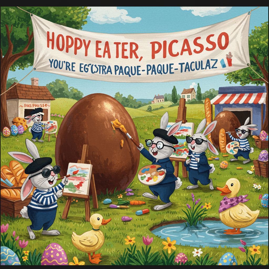 At the top of the cartoon image, "Hoppy Easter, Wardy – you're egg-stra Paque-tacular!"

**Prompt for the image:**
A funny cartoon Easter scene set in a whimsical French countryside, where a group of suave, beret-wearing bunnies (complete with tiny sunglasses and stripy shirts) are painting enormous chocolate eggs like impressionist masterpieces. One rabbit is dramatically sniffing a carrot like it's a fine wine. Another is riding a bicycle made of baguettes. In the background, a huge banner reads “Paque Picasso Egg-stravaganza.” Everything is over-the-top artistic and full of hilarious French clichés — even a little duck in a scarf is trying to paint a Monet-style pond.
Generated with these themes: Paque, and .
Made with ❤️ by AI.