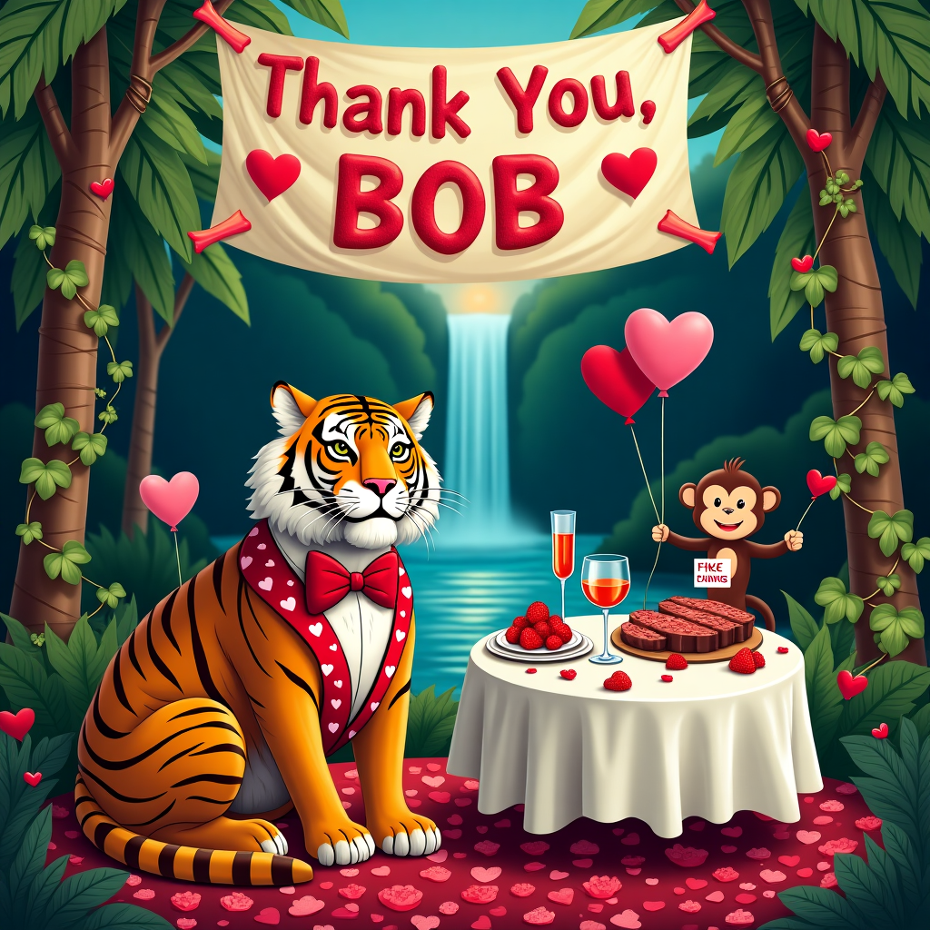 In a lush, vibrant jungle clearing, a majestic tiger dressed in an oversized red bow tie and a heart-patterned vest lounges regally on a bed of rose petals, embodying a humorous nod to Valentine’s Day. To the right of the tiger, an elegant dinner table has been whimsically set for two, draped with a white tablecloth adorned with tiny red hearts. On the table, a feast is laid out, consisting of heart-shaped steaks, a bowl of chocolate-dipped strawberries, and two flutes filled with sparkling cider. Surrounding the table are whimsical vines entwined with colorful heart-shaped balloons bobbing gently in the breeze.

Hanging above this charming scene is a large banner strung between two palm trees, proclaiming "Thank You, Bob" in bold, cheerful letters. Each letter is creatively styled to look like it is made from jungle leaves and tiger stripes, perfectly blending into the scene's jungle motif while standing out enough to catch Bob’s attention. In the background, a waterfall cascades gently into a crystal-clear pool, reflecting the sky's twilight hues, and a couple of playful, animated monkeys are seen holding Valentine's Day cards, further enhancing the playful vibe. This delightful and unique combination of elements paints a vivid picture that humorously intertwines the themes of gratitude, Valentine's Day, and a wild jungle adventure.
Generated with these themes: Tiger valentines day.
Made with ❤️ by AI.