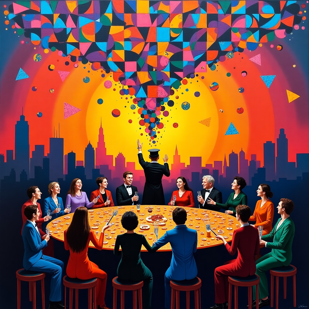 The scene is a vibrant, abstract composition set against the backdrop of a Denver comedy club at sunset, where laughter echoes as colors and shapes swirl in a kaleidoscope of visual delight. In the center, a magic show unfolds, with whimsical magicians conjuring an array of floating geometric shapes reminiscent of Piet Mondrian’s works—triangles, squares, and circles—each one dripping with the vibrant, psychedelic hues of a Jackson Pollock masterpiece. These shapes twirl into the sky, forming a constellation that spells out "Jack" in a flamboyant, cursive style. Below, a bustling table is set for a feast, laden with abstract representations of delicious food—bizarrely textured, deconstructed forms inspired by Willem de Kooning, hinting at familiar delicacies with their sumptuous color palettes. Friends, depicted as curving, intertwining forms reminiscent of Joan Miró's playful figures, gather around the table, their abstract features showing pure joy and camaraderie. The background is a dreamy, multi-layered Rothko-inspired sunset, with hues blending seamlessly from deep oranges to purples, evoking the magic of a Denver sky at dusk. The skyline of Denver, simplified to geometric abstractions à la Kazimir Malevich, forms the base of the composition, grounding this surreal celebration in a real-world locale. Magic wands with flickering, Cy Twombly-esque scribbles dance in the foreground, adding an element of playful mystery to this artistic tapestry.
Generated with these themes: Denver colorado, Comedy club, Adventures, Sunset psychedelic , Friends , Delicious food, and Magic.
Made with ❤️ by AI.