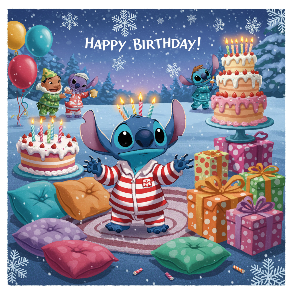 The front cover of this birthday greeting card bursts with vibrant colors and playful imagery. In the center, Stitch from "Lilo and Stitch" stands out with his iconic blue fur, big ears, and wide eyes, exaggerated for a cartoonish effect. He’s wearing a pair of red and white striped pajamas, a classic winter look that adds to the whimsical nature of the scene. His paws are slightly oversized, giving him a cuddly appearance.

Surrounding Stitch is a lively birthday party setting. The background features snow gently falling against a twilight sky, blending hues of deep blue and lavender. Large snowflakes, intricately detailed, float around like confetti. In the foreground, an array of mismatched, colorful pillows and fluffy blankets are scattered across the floor, hinting at the cozy pyjama party theme. 

A large, exaggerated birthday cake sits to the side, towering with multiple layers. It's adorned with bright frosting in shades of pink, yellow, and teal, and topped with comically oversized candles that lean slightly to the side, their flames flickering in the cool air. To the right, a stack of wrapped presents with bold patterns—polka dots, stripes, and zigzags—add a festive touch. Each gift is tied with an oversized bow, colors ranging from bright orange to electric green.

In the background, a series of quirky, cartoon-style characters from the Lilo and Stitch universe, each in their own unique pajamas, participate in various activities: one holds a steaming mug of hot cocoa with a peppermint stick, while another is in the midst of hanging a string of twinkling lights. The floor is scattered with winter-themed decorations, like mini pine trees and snowmen with funny hats.

The overall scene captures a sense of lively chaos and creativity, reflecting influences from Charles Schulz’s expressive characters, Walt Disney's enchanting worlds, and Bill Watterson's dynamic compositions. The result is a joyful, cartoonish celebration, perfect for a birthday greeting card.
Generated with these themes: Stitch from Lilo and Stitch participates in birthday party with the theme pyjamas party during winter .
Made with ❤️ by AI.