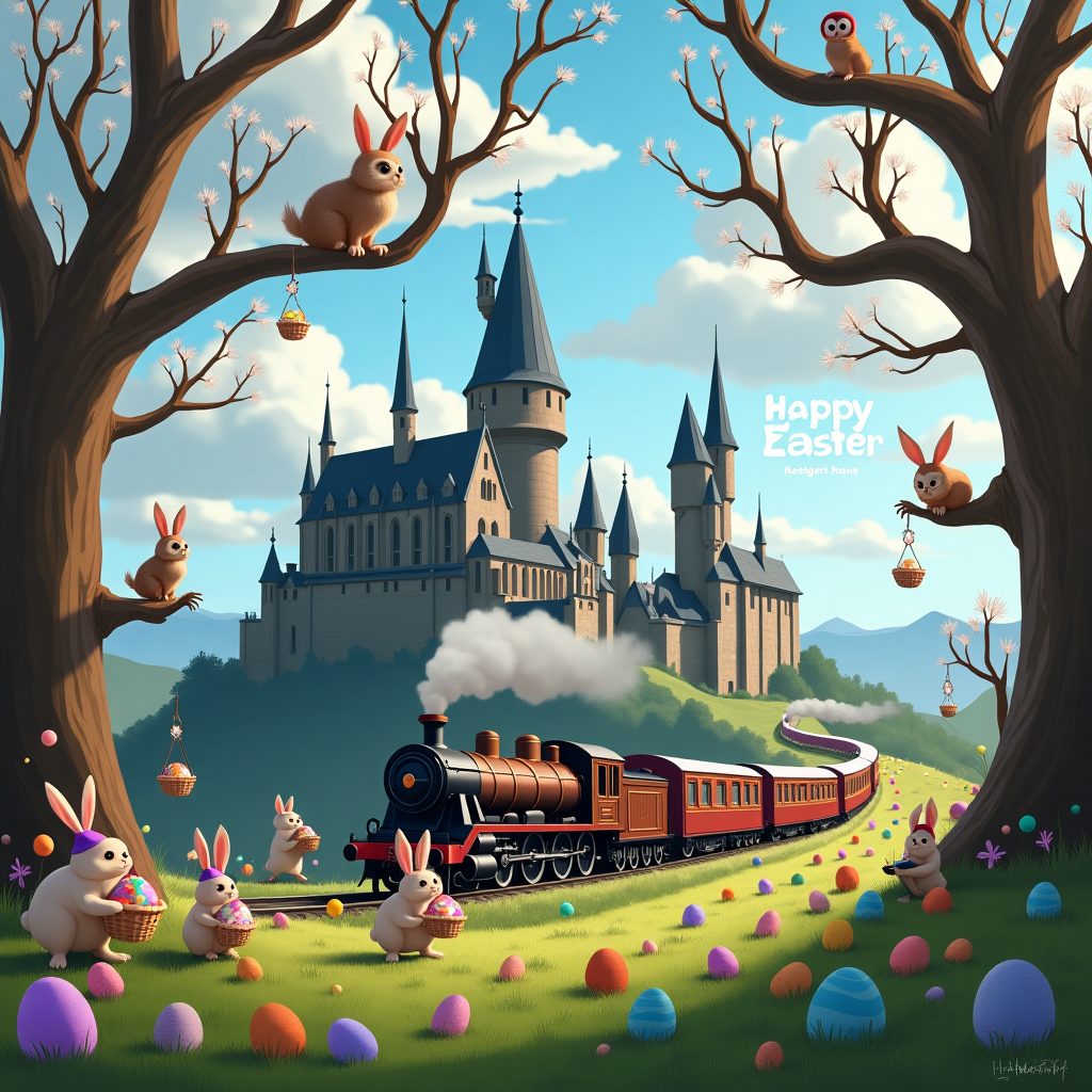 In this whimsical Easter scene, we find ourselves amidst the enchanting world of Hogwarts, reimagined with an Easter twist. The grand silhouette of Hogwarts Castle looms majestically in the background, its turrets adorned with giant, brightly colored Easter eggs as though the students have magically decorated them for the holiday. In the foreground, the iconic Hogwarts Express chugs along, but instead of billowing smoke, it puffs out a trail of pastel-colored Easter egg shapes into the sky. 

Bounding across the lush green grounds are playful rabbits, each wearing a tiny wizard hat that matches the various Hogwarts house colors. These rabbits are busy organizing a unique Easter egg hunt, their baskets brimming with enchanted eggs that shimmer with magical hues. Some eggs hover just above the ground, supported by tiny wings, as the rabbits try to corral them.

Perched on the outstretched branches of the castle's ancient trees are wise owls, each clutching colorful Easter egg parcels in their talons. These owls have decorated the trees with strands of magical fairy lights that twinkle even in the daylight, creating a canopy of sparkling wonder.

The sky above is a canvas of fluffy clouds, where the name of the recipient, "Happy Easter [Recipient's Name]," is written whimsically in soft, cotton candy-like letters. This message seems to be part of the clouds themselves, as if crafted by a mischievous cloud artist, adding an air of joyful celebration to the scene. This fantastical Easter extravaganza blends the magic of Hogwarts with the vibrant festivities of Easter, inviting the viewer into a storybook realm of imagination and holiday cheer.
Generated with these themes: Hogwarts castle , Easter eggs , Rabbits , Hogwarts train, and Owls .
Made with ❤️ by AI.