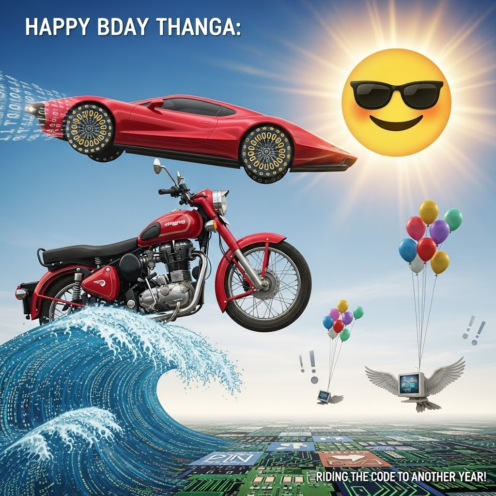 At the top of the Surreal Style image, incorporate the text: **Happy Bday Thanga**

**Image Prompt:**

In a dreamlike and whimsical landscape, a giant Enfield Bullet motorcycle defies gravity, riding atop a surreal wave made of flowing lines of computer code. The motorcycle is a vivid shade of crimson red, matching a sleek, elongated red car that appears to hover in mid-air beside it, its tires replaced with spinning binary digits. In the background, the sun is a giant, grinning emoji with sunglasses, casting an ethereal glow over the entire scene. 

Below, the ground is a checkerboard of circuit boards and open-source symbols, while a trail of balloons shaped like exclamation marks float upwards. Amongst the chaos, a tiny computer monitor sprouts wings, flapping around like a bird. 

In the lower corner, a quirky caption reads: "Riding the Code to Another Year!"
Generated with these themes: Coding, Enfield bullet, Red car, and .
Made with ❤️ by AI.