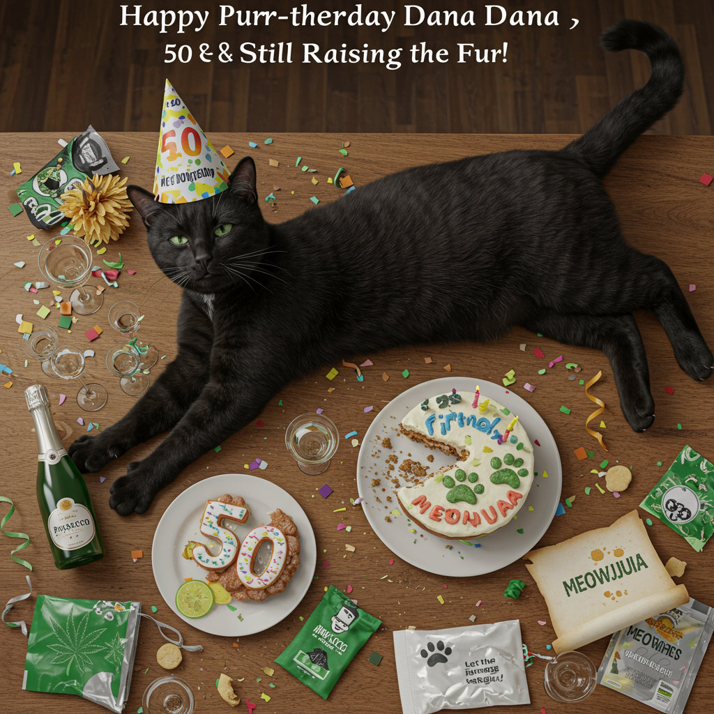 At the top of the realistic photograph image, "Happy Purr-thday Dana — 50 & Still Raising the Fur!"

A cute, realistic photograph of a sleek black cat sprawled out on a messy party table, mid-stretch with half-lidded, slightly stoned eyes. The table is littered with birthday decorations, tipped-over mini cocktail glasses, an empty catnip pouch, and a “420-friendly” party hat perched jauntily on the cat's head. Nearby, a cheeky cake in the shape of a number "50" has a tiny slice missing and paw prints through the frosting. There’s a small open bottle of “Paw-secco,” and faint marijuana leaves worked subtly into the confetti design. A cheeky "Meowijuana" toy lies by the cat's side, along with a half-unrolled scroll that reads “Let the naps begin!” The whole scene has warm lighting and a playful yet relaxed vibe, with realistic fur textures, cozy shadows, and slight party chaos in a charming, candid snapshot moment.
Generated with these themes: 50th birthday, black cat, funny, rude, marijuana, cat nip, alcohol .
Made with ❤️ by AI.