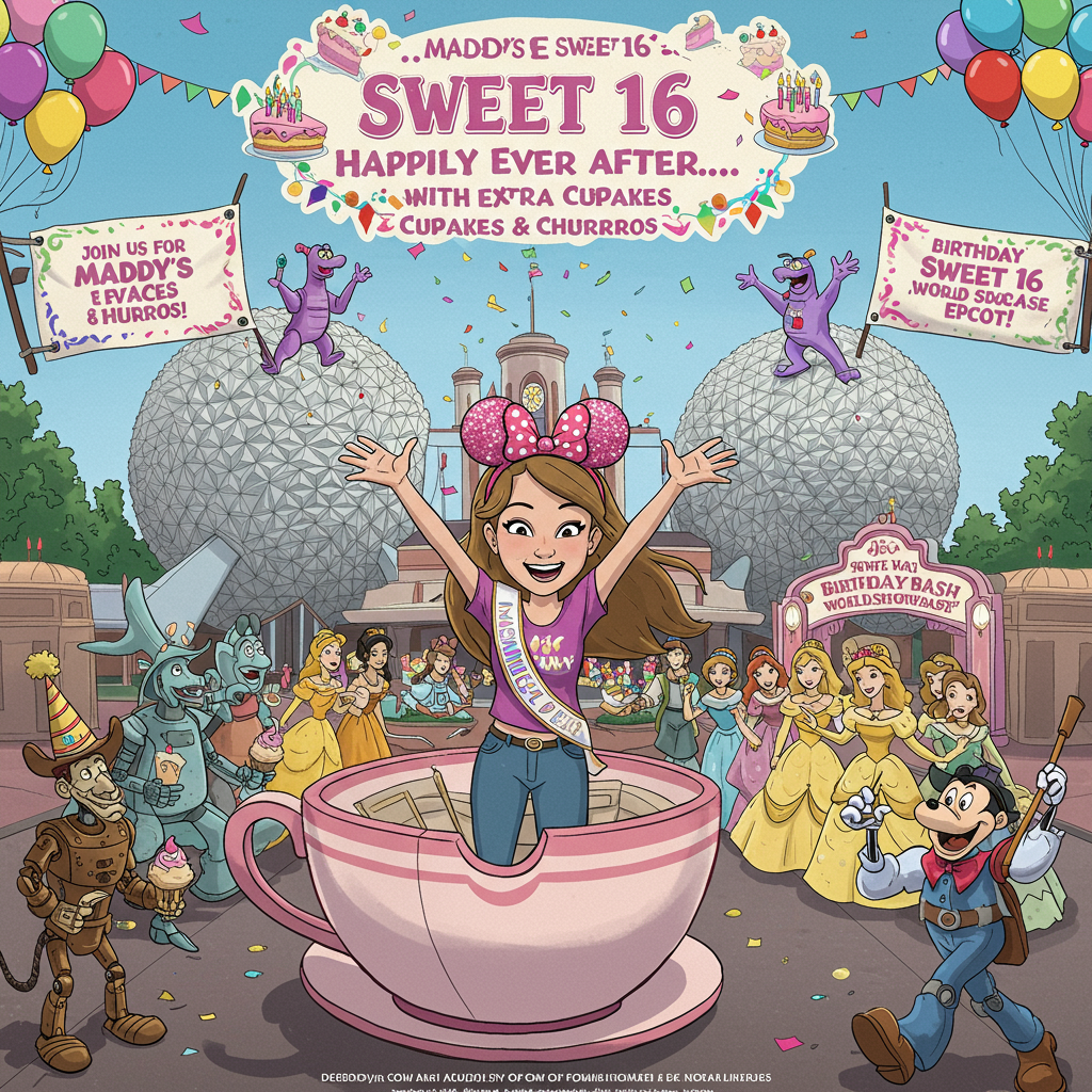 **Prompt:**

At the top of the cartoon image: *Maddy's Sweet 16: Happily Ever After... with Extra Cupcakes & Churros!*

Create a funny, vibrant cartoon image showing Maddy wearing mouse ears and a glittery "Sweet 16" sash, zooming through Epcot on a teacup ride turned party-mobile, tossing confetti and cupcakes to confused Disney robots. Around her, a confused animatronic from Spaceship Earth is blowing up birthday balloons, Figment is DJing on top of the Epcot ball (wearing rave glasses), and a line of princesses wait patiently to enter the "Birthday Bash World Showcase". Include colorful banners saying “Join us for Maddy’s Sweet 16 at Epcot!” with an explosion of glitter, birthday cake slices, and Mickey-shaped piñatas in the sky. Cartoon mood should be playful and slightly chaotic — birthday energy meets theme park madness!
Generated with these themes: Disney Epcot, Sweet Sixteen, and “Join us for Maddy’s Sweet 16 at Epcot!”.
Made with ❤️ by AI.