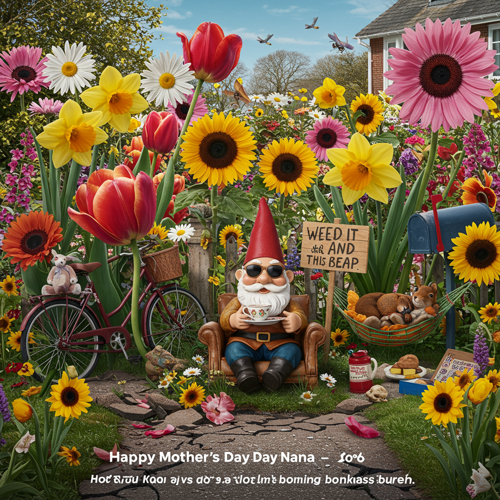 At the top of the realistic photograph image, *Happy Mother’s Day Nana — hope your day’s as blooming bonkers as this bunch!*

Realistic photograph of a chaotic garden scene where an explosion of oversized flowers (daisies, tulips, sunflowers, etc.) are "taking over" — breaking through pavement, growing through a parked bicycle, and poking out of a mailbox. In the center, a garden gnome sits with a smug expression wearing sunglasses and sipping tea among the floral madness. A hand-written sign on a stick says “Weed It and Reap” while a squirrel naps in a hammock made from two daffodils.
Generated with these themes: flowers.
Made with ❤️ by AI.