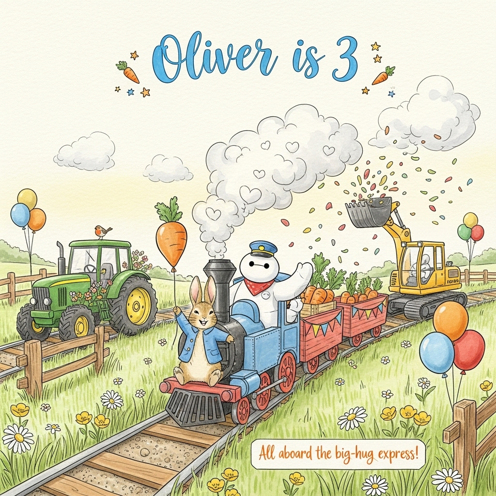 1) Birthday AI Generated Card - Baymax, Trains, Peter Rabbit, Tractors ...