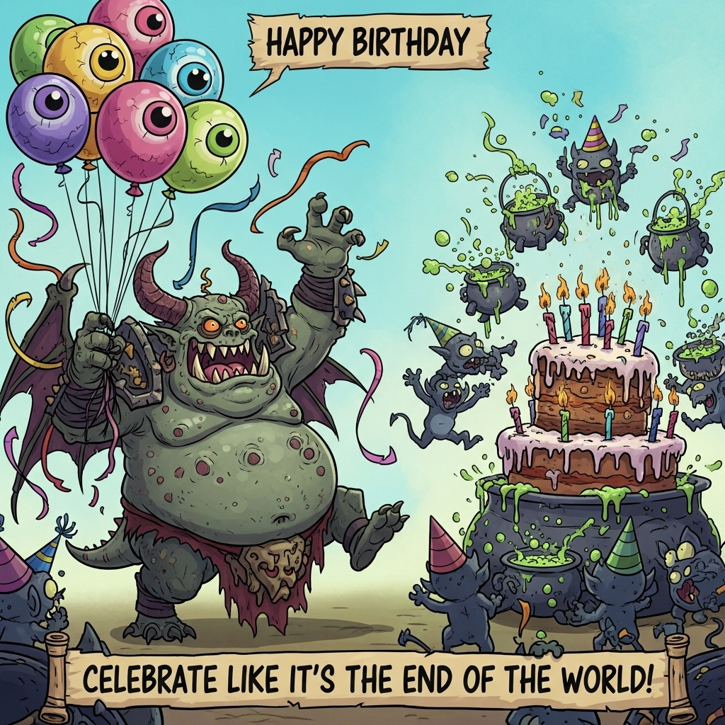 Nurgle chaos demon Birthday Cards - Silly Robot Cards