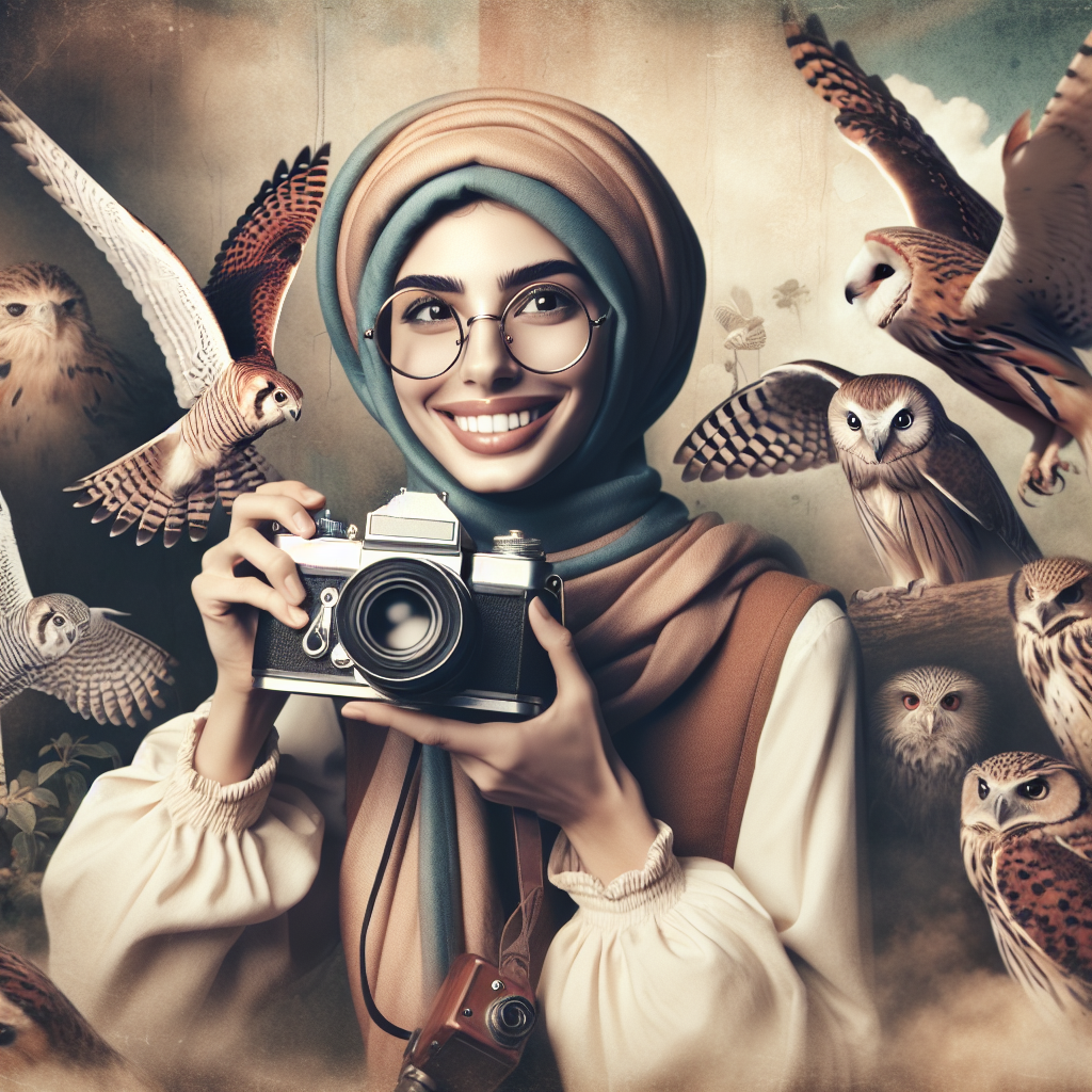 Create an enchanting image of a joyful Middle-Eastern female photographer, outfitted with vintage round glasses, as she holds an old-fashioned camera ready for action. She is amidst a captivating gathering of kestrels and owls, the birds seemingly posing for her lens, emanating a sense of thankfulness. The ethereal background contains subtle elements, imparting a warm, nostalgic ambiance, intended to express sincere gratitude.
Generated with these themes: photographer old round glasses camera kestrels owls.
Made with ❤️ by AI.