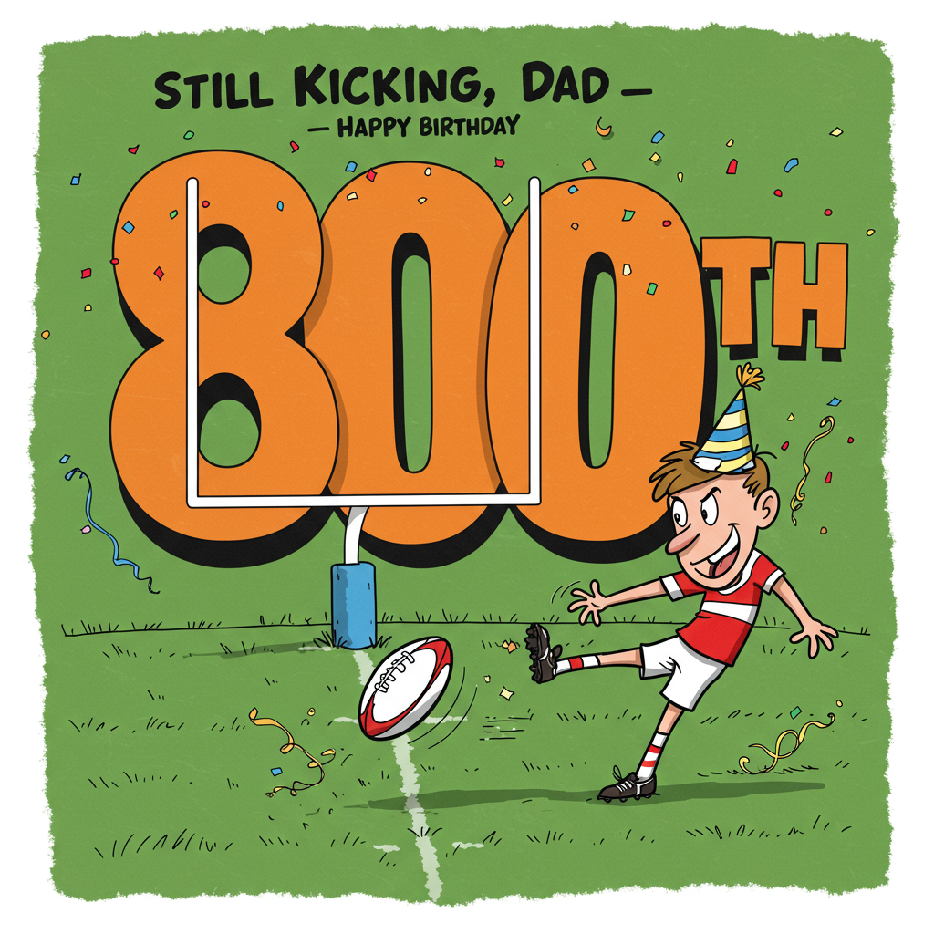 **Prompt:**

At the top of the cartoon image, write: “Still Kicking, Dad — Happy 80th!”

Create a cartoon-style, humorous birthday image with a large “80TH” dominating most of the scene. The letters should be bold and playful, with the “H” cleverly illustrated as a set of rugby goalposts. In the foreground, feature a cheerful, exaggerated cartoon rugby player with spindly limbs and a determined face, mid-kick, launching a rugby ball toward the posts. The rugby ball is in mid-air between the player and the “H”-shaped goalposts. Add motion lines behind the ball to emphasize the kick, and a trail of birthday confetti following its path for a festive twist. Keep the overall mood fun, cheeky, and energetic.
Generated with these themes: Large letters "80TH" which take up most of the page, with the "H" being rugby posts. A  cartoon sketch rugby player, in the foreground, kicking a rugby ball through the "H". The rugby ball is halfway between the rugby player and the "H".
Made with ❤️ by AI.