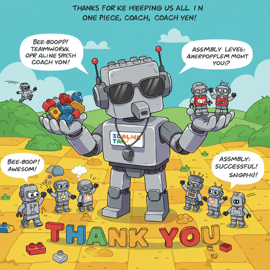 At the top of the vector image, “Thanks for keeping us all in one piece, Coach Yen!”

A cute, comically expressive Lego-style robot is proudly presenting a jumbled pile of mismatched Lego pieces in one hand, and a perfectly assembled miniature team (made of Lego) in the other. The robot is wearing sporty sunglasses and a whistle around its neck like a coach. Some Lego bricks around its feet spell out “THANK YOU” in bright, cheerful colors, while tiny robot minions scurry around high-fiving or tripping over each other in slapstick poses. The background is a bright, playful vector landscape made of interlocking Lego terrain, with speech bubbles from tiny bots saying things like “Bee-Boop! Teamwork Level: Awesome!” and “Assembly: SUCCESSful!”.
Generated with these themes: Cute Robot made out of Lego.
Made with ❤️ by AI.