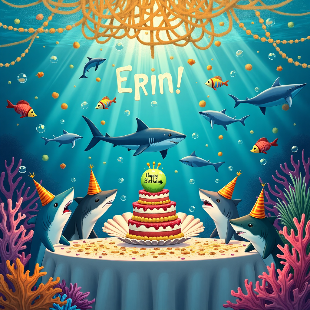 Sharks at a Birthday Party Birthday Cards - Silly Robot Cards