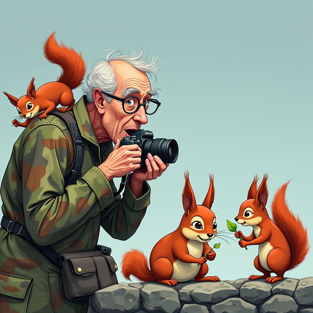 2) Thank-you AI Generated Card - red squirrels on wall. older man photographer without hat, camaflage  gear round glasses taking photos (d24c4)