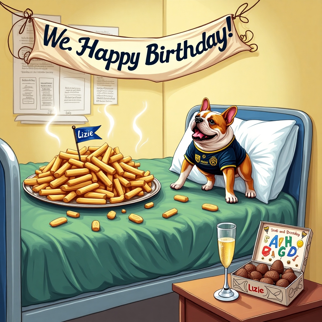 Leeds United Football Club, English Bulldogs, Chips with cheese and gravy, Champagne, Seashell chocolates, and Hospital setting Birthday Card