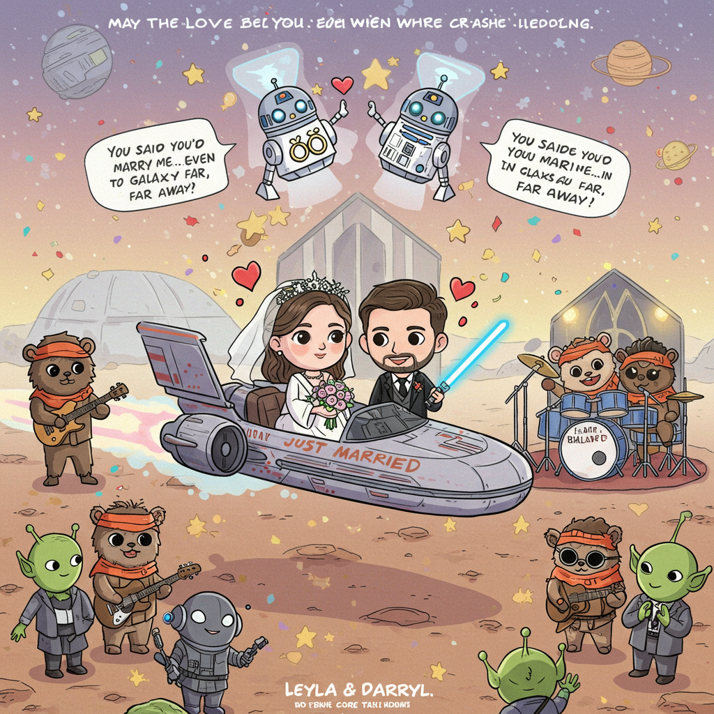 At the top of the illustration image:  
🎸 “Leyla & Darryl, May the Love Be With You... Even When You’re Crashed the Wedding!” 🌌💍  

Image Prompt:  
A cute, playful illustrated scene featuring a wedding set on a distant Star Wars-like planet. Leyla and Darryl, depicted as adorable cartoon versions of themselves dressed in quirky mashups of Star Wars and Busted styles—think bride in a white Jedi robe with a sparkly veil, groom in a tuxedo with a rebel alliance boutonnière—are floating just off the ground in an anti-gravity “Just Married” landspeeder.

Behind them, a live wedding band of friendly Ewoks with messy Busted-style hairdos are rocking out on sci-fi instruments, playing a gig beneath glowing “Galaxy Chapel” lights. Above, two adorable droids (one holding rings) hover with holograms that read "You said you'd marry me... in a galaxy far, far away!" All around are stars, glowing hearts, floating confetti, and quirky aliens clapping in celebration.  

Style: Soft, colorful illustration with charming cartoonish characters and light textures, all in a warm and happy pastel color palette with glittery highlights. Mood: Super cute, joyfully geeky, full of love and intergalactic rock 'n roll vibes.
Generated with these themes: Busted band, and Star wars.
Made with ❤️ by AI.