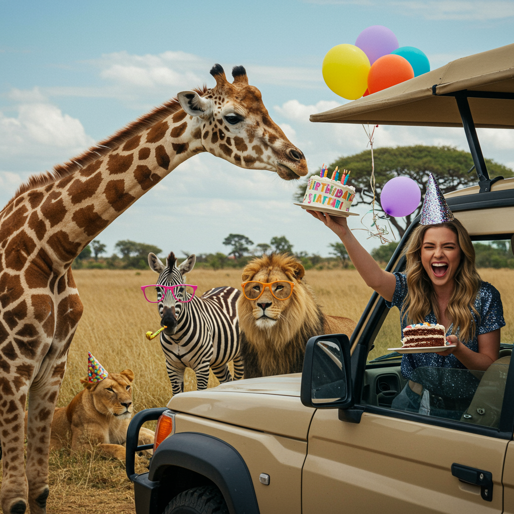 At the top of the realistic photograph image, “Julia, it’s your birthday—time to go absolutely wild (just try not to get kicked out of the safari park this time)!”

**Prompt for the image:**  
A realistic photograph of a mischievous-looking woman (Julia) wearing a glittery party hat while hanging halfway out of a safari jeep, holding a slice of birthday cake, laughing. A curious giraffe is stretching its long neck into the vehicle trying to nibble the cake, while in the background, a zebra wears oversized sunglasses and a lion lazily watches with a party blower in its mouth. Colorful birthday balloons are tied to the safari jeep's mirror, and a festive "Happy Birthday Safari" banner flutters above. Bright, sunny African savannah setting, playful chaos and candid joy captured in motion.
Generated with these themes: Safaripark .
Made with ❤️ by AI.