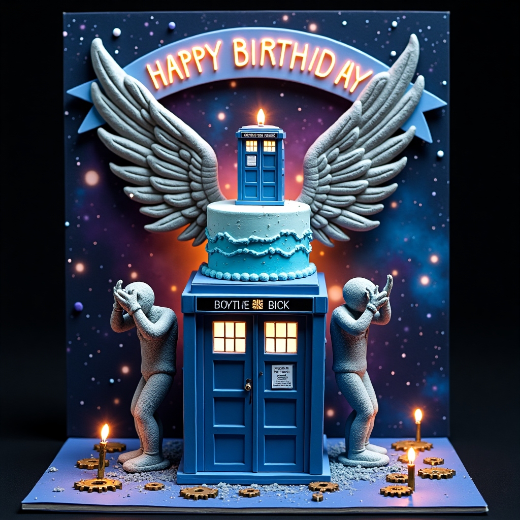 Front and center is a vividly realistic birthday cake perched atop a classic blue TARDIS console, its panels lit up in a soft, warm glow. The cake itself is adorned with a cascading series of icing layers in TARDIS blue, dotted with shimmering edible silver stars. On the very top tier, a miniature edible TARDIS stands proudly, its light flickering as though ready for takeoff.

Behind the cake, in a dynamic action pose, are two life-sized Weeping Angels sculpted with meticulous stone-like texture, their menacing wings raised as if in mid-chase. They appear frozen in an eternal moment of near-movement, eyes covered by their hands. Their stone-like appearance contrasts starkly with the rich blues and silvers of the cake and TARDIS console.

Above the scene, a colorful party banner stretches across the card, its letters crafted from a swirling galaxy of stars. Among the stars, the word "Oliver" twinkles brightly, each letter a different shade, from deep violet to vibrant teal, echoing the vastness of space. Beneath it, the rich indigo sky is speckled with distant stars, and a faint outline of a nebula glows subtly behind the Weeping Angels, adding depth to the galactic theme.

In the foreground, a scattering of vintage clock gears and glowing sonic screwdrivers are artistically placed around the cake base, reinforcing the Doctor Who motif. The card is a vivid tapestry of sci-fi meets celebration, capturing both the essence of Doctor Who and the joy of a birthday.
Generated with these themes: Doctor who, and Weeping angels.
Made with ❤️ by AI.