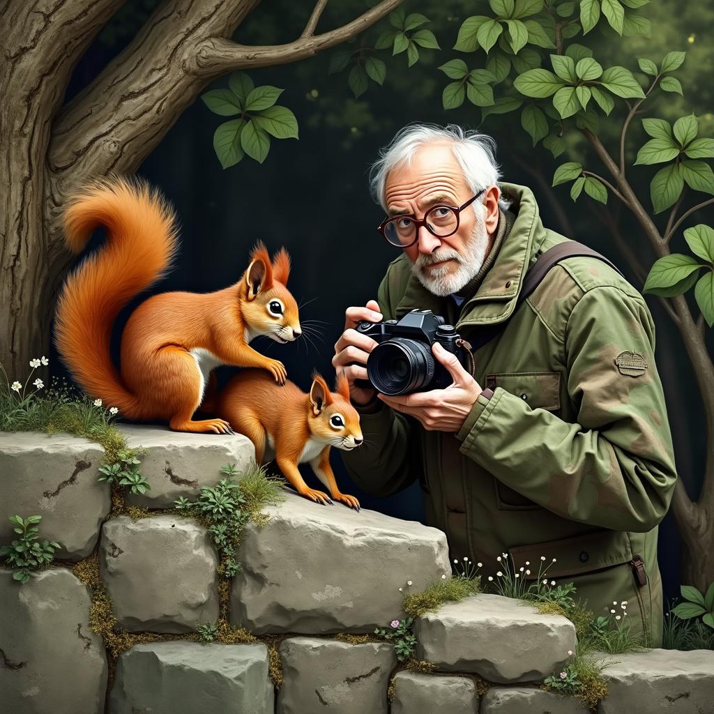 2) Thank-you AI Generated Card - Red squirrels on wall. Trees in background.elderly clean shaven photographe,round frameless glasses in camaflauge clothing (173b2)