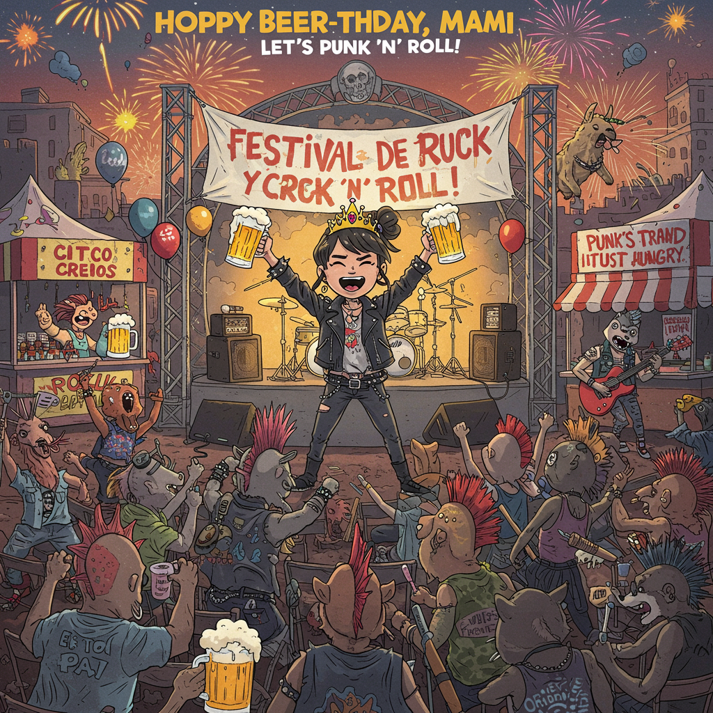 **Prompt for Illustration Image:**

At the top of the illustration image, *"Hoppy Beer-thday, MAMI – Let’s Punk ‘n’ Roll!"*

Illustration style, vibrant and funny: a chaotic outdoor beer-and-punk-rock festival scene in full swing. MAMI is center-stage as the birthday punk-rock queen—leather jacket, birthday tiara, and holding two frothy beers in a victory pose. The crowd is a hilarious mix of dancing punk-rock animals—think mohawked llamas, guitar-shredding cats, and moshing raccoons. A banner behind the stage reads “FESTIVAL DE PUNK ROCK Y CERVEZA” flapping in the wind, while birthday balloons shaped like beer mugs float around. There's a keg stand contest in one corner and a taco stand with a sign: “Punk’s Not Dead, It’s Just Hungry.” Fireworks made of foam beer bubbles light up the sky in celebration.
Generated with these themes: FESTIVAL DE PUNK ROCK Y CERVEZA, and HAPPY BEER-THDAY MAMI.
Made with ❤️ by AI.