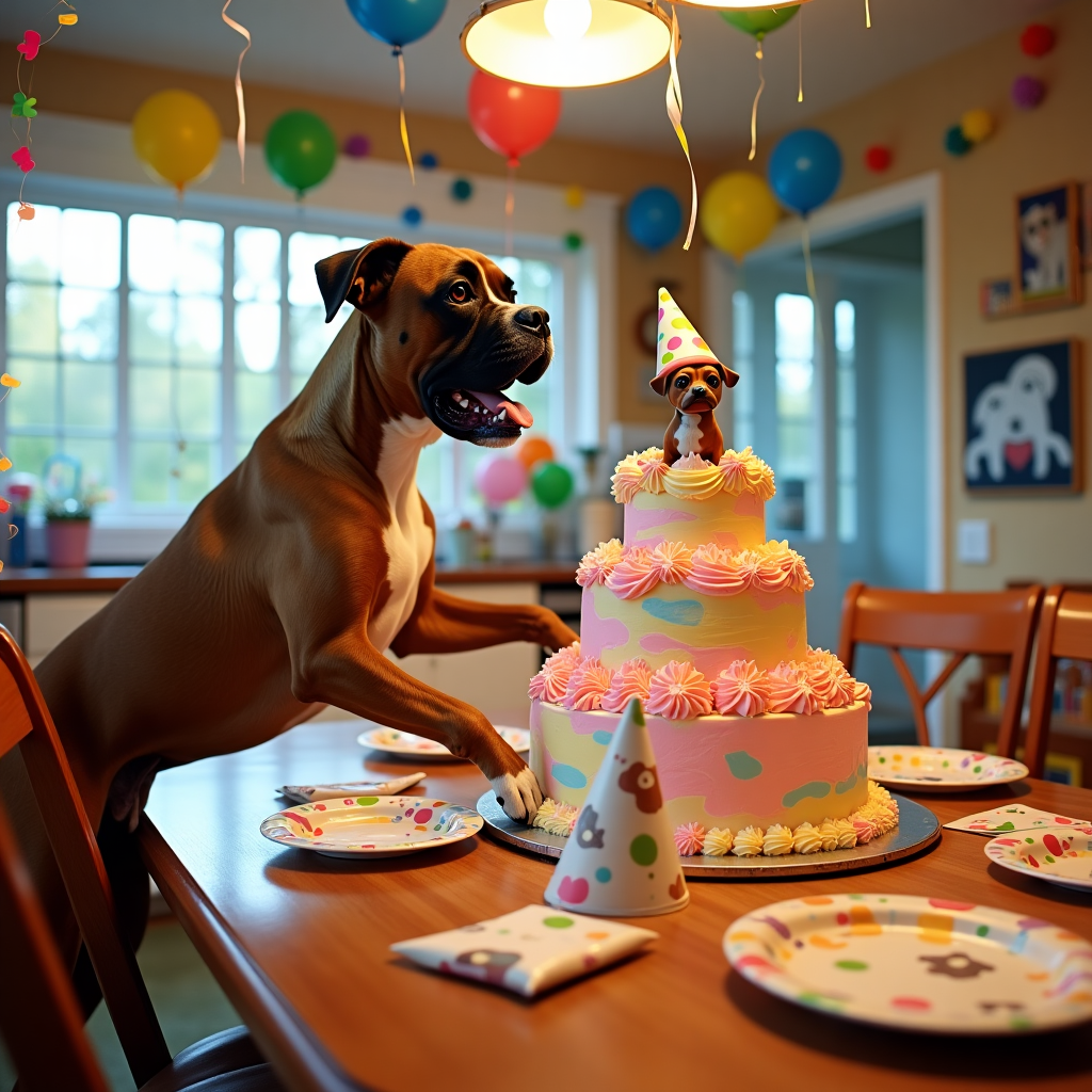 In the center of a bustling kitchen, a vivacious boxer dog named Buster stands on his hind legs, his front paws resting triumphantly on the edge of a long, wooden kitchen table. His glossy coat gleams under the warm glow of overhead lights, capturing the mix of dark brindle and white fur patterns. Buster's eyes, wide and full of mischief, are locked onto a magnificent birthday cake that dominates the table. The cake is a towering, three-tier masterpiece with vibrant, swirling pastel icing, adorned with miniature bone-shaped sprinkles. A tiny, edible boxer dog figurine, remarkably similar to Buster, perches atop the cake with a party hat askew on its head. Around the table, party decorations abound: colorful streamers drape from ceiling to chair backs, balloons float lazily by, some tied to chair legs, their bright hues reflecting in the polished floor. In the corner, a window reveals a sunny garden, with a glimpse of children's swings swaying gently in the breeze, hinting at the joyous chaos outside. Scattered across the table are party hats of various sizes, some tossed aside as if Buster had attempted to wear one, and paper plates featuring playful dog prints. The scene is a delightful cacophony of color, with Buster at the heart of the action, embodying the unexpected yet joyous intersection of a birthday celebration and canine curiosity.
Generated with these themes: boxer dog cake.
Made with ❤️ by AI.