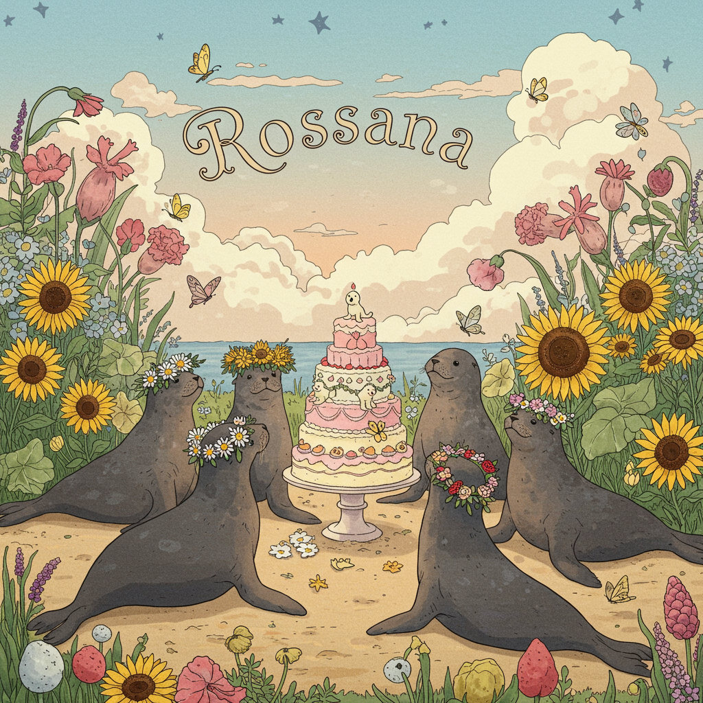 **Card Front Illustration Description:**

Imagine a jubilant, bustling scene reminiscent of a Norman Rockwell piece with the whimsical touch of Quentin Blake. At the forefront, a group of playful seals is gathered in a celebratory circle. These seals are not your everyday marine mammals; they're adorned with flower crowns made of daisies, sunflowers, and roses in vibrant hues of yellow, pink, and red, reminiscent of the intricate detailing of Arthur Rackham's work.

**Central Focus:**
In the center of this seal ensemble is a small pedestal made of sand, on top of which sits an elaborate, multi-tiered cake. The cake is decorated with an abundance of icing flowers, echoing the pastel palette of Beatrix Potter’s illustrations, with lilacs, soft blues, and light greens. The cake is adorned with miniature seals made of marzipan, each holding a tiny, delicate flower in their mouth.

**Background Elements:**
Behind the seals is a lush, meadow-like landscape, with towering, fantastical flowers that seem to dance in the wind. These flowers are depicted in the elegant, flowing style of Aubrey Beardsley, with intricate, swirling patterns on their petals. The sky above is painted in the style of Maxfield Parrish, a serene gradient of twilight blue fading into soft pinks and oranges as if capturing the magical transition from day to dusk.

**Text Placement:**
In the sky, formed by a group of fluffy, cloud-like formations, is the name "Rossana" elegantly scripted, as though part of the clouds themselves. The letters are stylized to look like curling tendrils of smoke, echoing the flowing lines of Gustave Doré's engravings.

**Additional Details:**
Scattered around the scene are delicate butterflies, their wings patterned with intricate designs akin to those found in Maurice Sendak's imaginative worlds. They flit among the flowers and seals, adding a sense of motion and life to the illustration.

This scene combines the classic charm of vintage illustrators with a modern touch of humor and celebration, perfectly capturing a lively and detailed congratulatory moment.
Generated with these themes: Flowers , and Seals.
Made with ❤️ by AI.