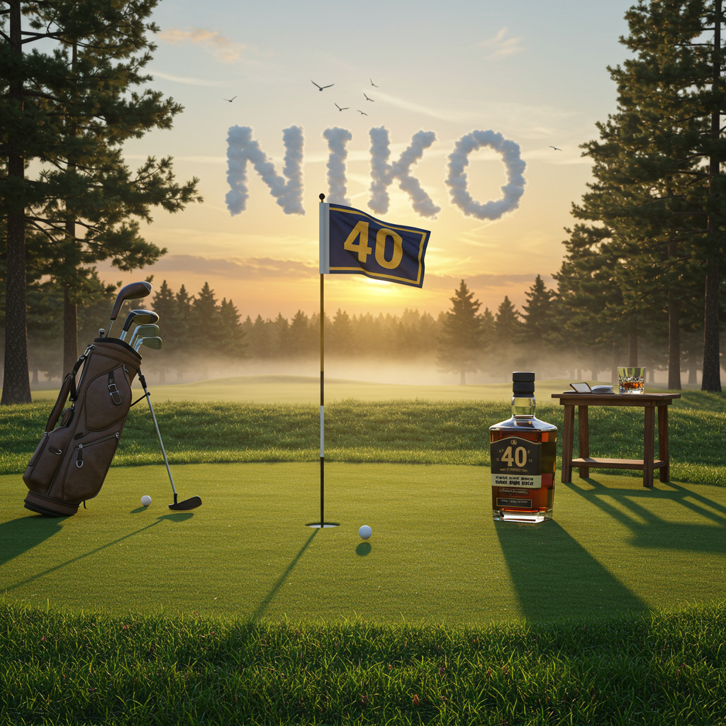 40th Birthday, golf theme with a whiskey bottle hiding in the background. Birthday Card