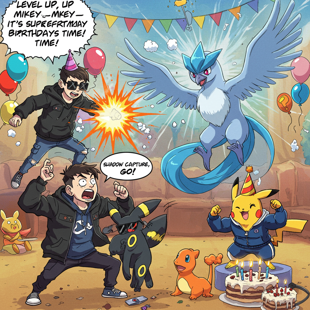 **Image Prompt:**

At the top of the cartoon image, include the line:  
**"Level Up, Mikey—It's Super Effective Birthday Time!"**

**Illustration Description:**  
A dynamic and funny cartoon scene featuring Sung Jinwoo (from Solo Leveling) dramatically commanding two shadowy allies: an ultra-cool Umbreon with shades and a beefy Pikachu in a mini tracksuit. They are locked in a ridiculous yet epic battle against a fabulous and overdramatic Articuno who’s pelting snowballs instead of ice attacks.

Sung Jinwoo, instead of summoning monsters, pulls out a massive Pokédex while shouting, "Shadow capture, GO!"—while confused Articuno dramatically poses mid-ice storm like a fashion model. Umbreon lounges lazily behind a protective shield of balloons and party hats, clearly over it, while Pikachu flexes for no reason on a mini cake pedestal.

Background features chaotic party elements flying around from the “battle”: birthday banners shredded like energy blasts, candles melting midair, and a confused Charmander DJing the soundtrack of the battle.

Make sure the whole scene pops with birthday party chaos and Pokémon/Solo Leveling crossover madness in an exaggerated, cartoony style—think big eyes, exaggerated reactions, and party-themed powers everywhere.
Generated with these themes: Sung Jinwoo from Solo levelling, Fighting Pokemon articuno with Umbreon, and .
Made with ❤️ by AI.