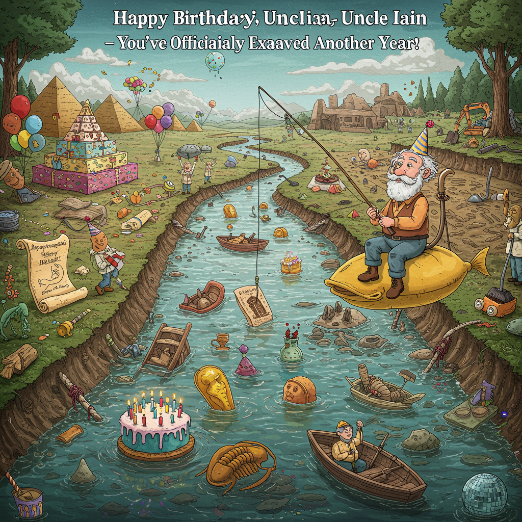 At the top of the illustration image, "Happy Birthday Uncle Iain – You’ve Officially Excavated Another Year!"

**Image Prompt:**  
A surreal, illustrated landscape of a shimmering, ancient river winding through a dreamlike dig site. Uncle Iain, a whimsical white-haired man with a beard, sits atop a floating, oversized fish hook suspended from the sky by an invisible string. He is fishing — not for fish — but for artifacts rising like bubbles from the riverbed: golden amphorae, tiny birthday cakes encased in amber, miniature dinosaurs wearing party hats, and ancient birthday scrolls unraveling midair.

In the river, surreal elements like melted birthday candles drift alongside sunken rowboats shaped like layered birthday cakes. The surrounding excavation site is alive — pyramids made of stacked presents, balloons lifting up half-buried ruins, and excavation tools turning into streamers mid-dig.

In the background, other archaeologists made of papier-mâché cheer from the banks while disco-dancing trilobites kick up glitter from the muddy banks.

A whimsically bizarre celebration where time, history, and birthdays all get happily entangled in one fantastical fishing trip.
Generated with these themes: White haired man with a beard Fishing river archaeology.
Made with ❤️ by AI.
