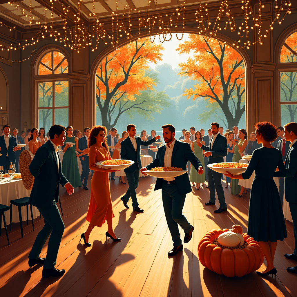 In this vibrant and whimsical scene, a high-energy gathering unfolds in a medium-sized elegant wooden room. The polished wooden dance floor is alive with people in semi-formal attire, their movements a cascade of abstract shapes reminiscent of Wassily Kandinsky's dynamic compositions. Overhead, a canopy of glowing strand lights illuminates the scene with a festive ambiance, while a grand New York Marquee sign arches above the room's entrance, spelling out "Thank you, Sam" in bold, twinkling lights. At the far end of the room, a wall of windows frames a view of Central Park, where Fall trees stand like Piet Mondrian's geometric masterpieces, their vibrant leaves a mosaic of red, orange, and yellow hues. Musical notes swirl through the air like Jackson Pollock's splatters, a symphony visualized in color and motion. Among the lively crowd, attendees balance enormous white ceramic oval-shaped platters, piled high with golden fried shrimp and mushrooms, adding a playful element to the visual feast. The room is dotted with separate rectangular dining tables, each a nod to Kazimir Malevich's structured forms, adorned with delicate centerpieces. In a charming corner, a red-haired baby sits nestled within a giant pumpkin, its legs sticking out front like a comical addition to the scene, a touch of whimsy that Joan Miró might appreciate. The entire scene bursts with the abstract energy of de Kooning's lively brushstrokes, ensuring that "Thank you, Sam" is celebrated in an explosion of color and creativity.
Generated with these themes: Crowd high-energy dancing on wooden dance floor in semi-formal attire in medium-sized elegant wooden room with strand lights, New York Marquee, Fall trees in New York, Musical notes, People holding enormous white ceramic oval-shaped platters of fried shrimp and mushrooms, Separate Rectangular Dining tables, and Red-haired baby with legs sticking out front of pumpkin.
Made with ❤️ by AI.