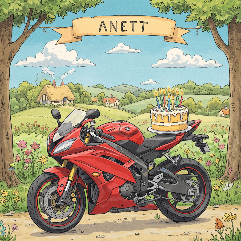 The front cover of this birthday greeting card is an exuberant hand-drawn illustration blending detailed and whimsical styles reminiscent of Quentin Blake and Edward Gorey. The scene centers around a vibrant red Yamaha R6 motorbike, parked majestically at the foreground, its sleek curves and details captured with fine lines and expressive strokes. The motorbike is adorned with a birthday cake on its seat, a striking visual feature with layers of sponge cake, colorful icing, and a cascade of lit candles creating a sense of celebration. 

The cake's icing is a medley of bright colors—yellow, blue, and green—with delicate piping work that draws the eye. Each candle is whimsically wonky, glowing with tiny illustrated flames flickering as if caught in a light breeze. 

In the background, a charmingly cluttered scene of a country village, reminiscent of Beatrix Potter’s illustrative style, unfolds. Quaint cottages with thatched roofs dot the horizon, nestled amidst lush, rolling hills and blooming wildflowers of varying pastel hues. The sky is an inviting cerulean blue, scattered with fluffy white clouds hand-sketched in delicate swirls.

A bright, hand-lettered banner stretches across the top of the card, tied to the tops of two tall, stylized trees on either side of the scene. The banner, painted in a cheery mix of orange and pink, proudly displays the name "Anett" in bold, playful lettering, echoing the sense of festivity and personal touch. 

The overall illustration is brimming with intricate details, from the glint of sunlight on the motorbike's metallic surface to the textured bark of the trees, all coming together to create a rich, layered visual experience.
Generated with these themes: red yamaha r6 motorbike birthday cake.
Made with ❤️ by AI.