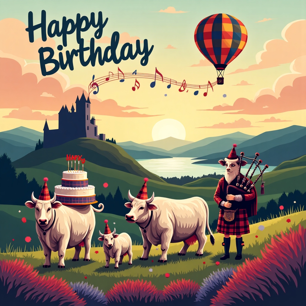 Imagine a vibrant, whimsical vector scene unfolding in the heart of the Scottish Highlands, designed with a bold and playful touch inspired by your favorite artists. In the foreground, a jovial group of Highland cows are wearing party hats adorned with tartan patterns, each hat uniquely styled, hinting at the quirky personalities of these adorable creatures. One of the cows, the apparent leader, is balancing a giant birthday cake on its back, with the name "Lynda" written in frosting across the top tier. The cake is whimsically decorated with thistles and heather, nodding to Scotland’s flora.

In the background, an iconic Scottish castle towers majestically on a hill, its silhouette stylized in angular, geometric shapes reminiscent of Patrick Seymour’s work. Flying above the castle, there’s a colorful hot air balloon with a banner trailing behind it, reading "Happy Birthday Lynda!" in bold, playful typography inspired by Matt W. Moore. The balloon’s design includes Celtic knots and swirling patterns that add a dash of Scottish flair.

A Scottish piper, complete with a traditional kilt and sporran, stands to the side, his bagpipes playfully animated as if they're blowing colorful musical notes into the sky, each note a tiny splash of bright, joyful color. These notes gradually blend into the clouds above, which are stylized in a manner inspired by Malika Favre, with bold outlines and minimalistic shapes forming a charming visual symphony.

In the distance, rolling hills extend to the horizon, each hill a patchwork of emerald greens and heather purples, their contours flowing and rhythmically patterned like Von Glitschka's designs. Nestled between the hills is a loch shimmering with gradient hues, capturing the light of a sky painted with an enchanting Scottish sunset, merging hues of orange, pink, and purple.

This delightful scene encapsulates the joy of celebration, Scottish culture, and a personalized touch with Lynda’s name woven seamlessly into the heart of the illustration, ensuring her birthday greeting is as unique and memorable as the art that conveys it.
Generated with these themes: Scotland.
Made with ❤️ by AI.