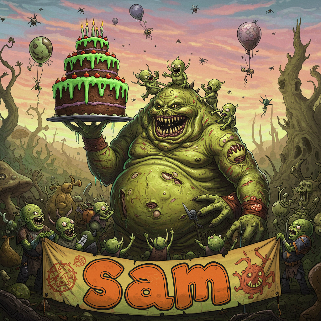 The scene bursts with vibrant colors, exaggerated cartoonish characters, and a surreal twist, reminiscent of a fantastical birthday party where the Warhammer universe collides with festive celebration.

At the center, a towering Great Unclean One stands with a grotesquely jovial grin, its massive, bloated form overflowing with exaggerated folds and wrinkles in sickly shades of green and yellow. Its gnarled fingers delicately hold an oversized birthday cake, decorated with luminous green frosting, speckled with purple pustules mimicking candles. The cake is comically small compared to the hulking creature, yet it stands triumphantly.

Around the Great Unclean One, numerous tiny Nurglings cavort joyfully, each uniquely bizarre with exaggerated features like bulbous eyes, mischievous grins, and jagged, cartoon-like teeth. Their skin is a vibrant mix of greens, yellows, and purples, giving them an almost whimsical appearance. Some of the Nurglings attempt to climb the Great Unclean One to reach the cake, their tiny hands stretching upwards.

In the foreground, a vibrant banner arcs across the scene, held aloft by two Nurglings. The banner is festooned with chaotic patterns and is emblazoned with the name "Sam" in large, playful, bouncy lettering, reminiscent of vintage comic strip fonts. The letters are in contrasting bright orange, popping against the murky background.

The background showcases an exaggeratedly warped landscape, reminiscent of something from Little Nemo's dreamscapes, with rolling hills and twisted trees in hues of dark green and charcoal, dotted with cartoonish, oversized mushrooms. Above, the sky is a swirling mix of pastel pinks and blues, reminiscent of a dreamlike sunrise, adding an unexpected whimsical charm.

Floating in the sky are a few scattered balloons, their strings tangled with cartoonishly long flies, their metallic surfaces reflecting bursts of orange and red, as if capturing the festivity of the moment. A nurgling rides one balloon, laughing, its oversized mouth agape in glee.

This birthday greeting card scene combines the quirky with the chaotic, a humorous nod to both Warhammer's dark fantasy and the lightheartedness of a birthday celebration, captured through the lens of classic cartoon styles.
Generated with these themes: Warhammer, Nurgle, Great unclean one , Nurgling , and Birthday cake .
Made with ❤️ by AI.
