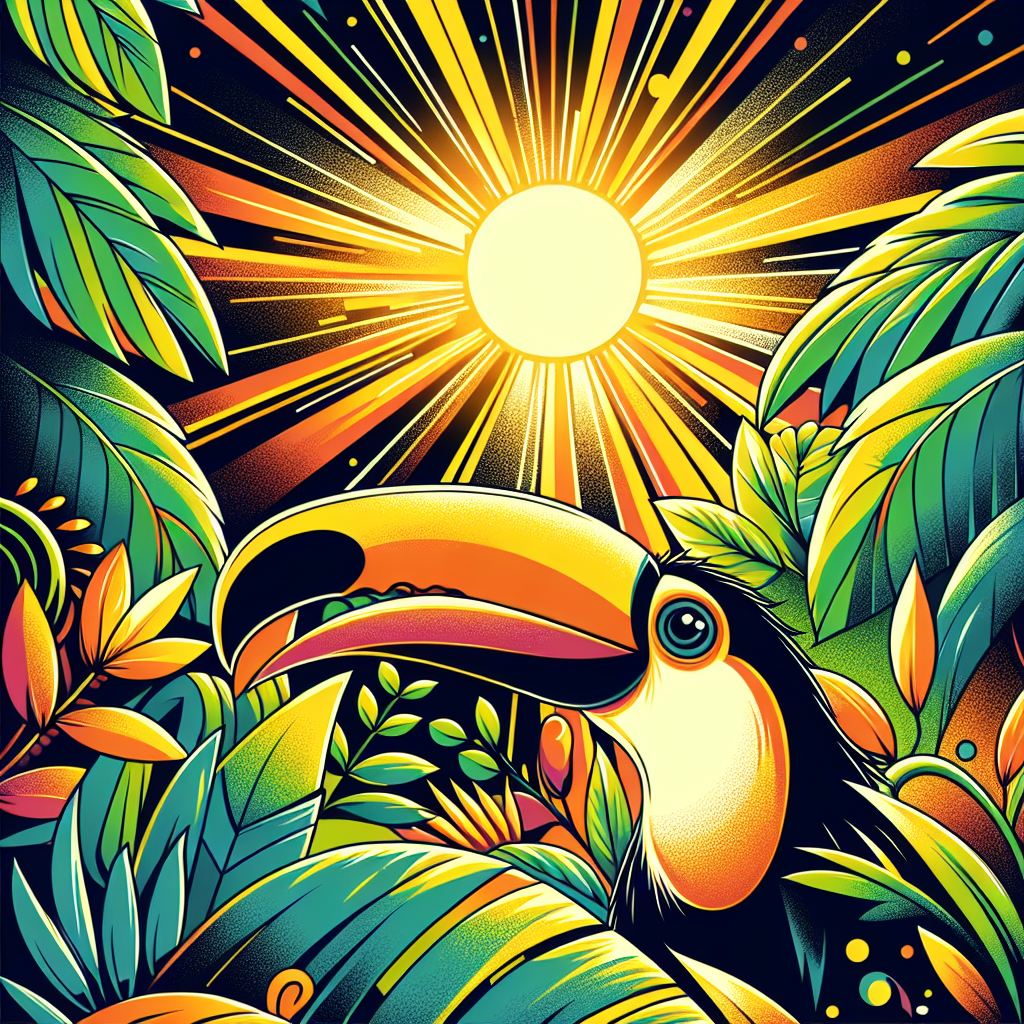 Create a vibrant illustration that depicts a joyful toucan in the midst of rich green vegetation under the brilliant sun of Brazil. The bird's beak is gently parted as if it's about to utter an appreciative chirp. Intense beams of sunlight pierce the foliage, creating intriguing shadows. The color palette celebrates the spirit of Brazil, characterized by brilliant yellows, lush greens, and tantalizing pops of fiery orange, truly capturing the tropics' warmth and vitality.
Generated with these themes: Brazil, Sunshine, and Bright colours.
Made with ❤️ by AI.