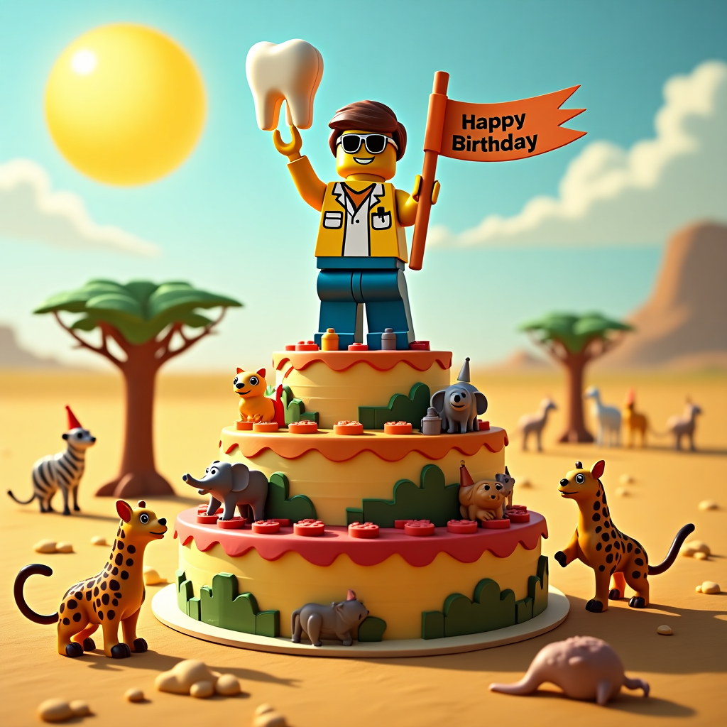 In the middle of the vast, golden Namibian savannah, a Lego boy stands triumphantly, his blocky, square body constructed with the iconic colorful bricks, atop a sprawling, comically large birthday cake that appears almost as wide as the desert itself. The cake's layers are stacked as high as a giraffe, each layer adorned with edible models of safari animals—giraffes with long, elegant necks, elephants with proud, elongated trunks, and zebras with black and white icing stripes. This cake is not just a dessert, but a safari panorama in itself. Our Lego protagonist is a spirited dentist, and this is humorously indicated by a shiny, oversized tooth model he's holding up like a trophy. He sports stylish, miniature Lego sunglasses which add a touch of coolness against the blinding desert sun, making his eyes invisible but undoubtedly mischievous.

In the background, classic safari elements add depth: a sun wearing its own tiny sunglasses blazes down, while an acacia tree provides limited shade to a group of meerkats building their own tiny Lego structures. Nearby, a whimsical scene unfolds as a group of friendly cartoon lions wearing party hats—clearly inspired by Disney’s vibrant wildlife characters—attempt to blow out the huge number of candles on the cake using collective puffs. Amidst the playful chaos, a bright banner with "Happy Birthday" crafted in playful block letters arches over the scene, supported by two joyful ostriches who are clearly engaged in a lighthearted dance, their necks entwined like a festive garland. This card front captures a unique blend of a safari adventure, a celebratory feast, and a nod to the dentist's humorous juxtaposition in the wild.
Generated with these themes: Its a Lego boy on the safari in Namibia, He wears sunglasses and he is a dentist , and It’s a big birthday cake .
Made with ❤️ by AI.