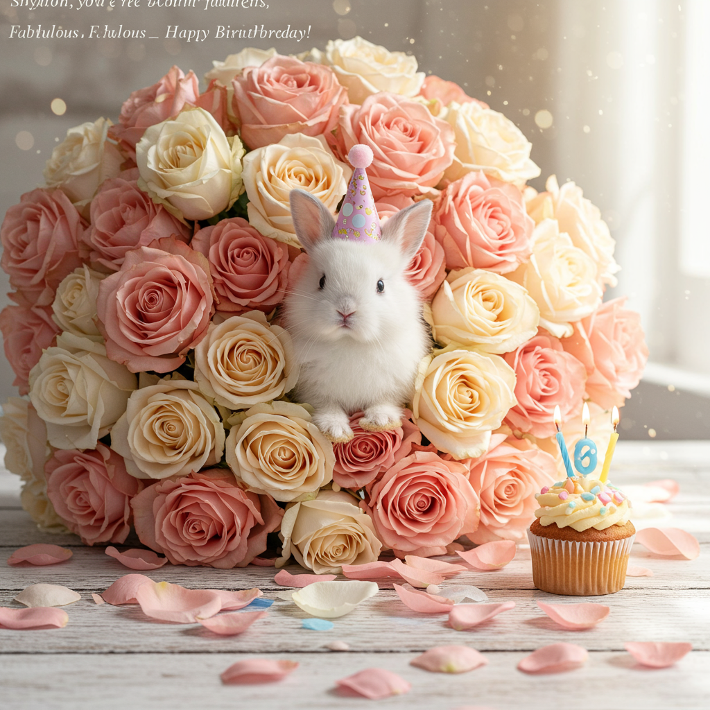 At the top of the realistic photograph image, "Shyloh, you're bloomin' fabulous — Happy Birthday!"

A high-resolution, realistic photograph of a charming birthday scene: A cute, fluffy white bunny with a tiny pink party hat nestled inside an oversized bouquet of lush, pastel-colored roses (blush pink, creamy white, and soft peach tones). Scattered rose petals surround the bunny like confetti on a white rustic wooden table. A small, pastel birthday cupcake with a single lit candle sits nearby, and delicate morning sunlight streams in from the side, giving the whole scene a soft, warm glow. The mood is irresistibly cute and heartwarming, perfect for a birthday greeting.
Generated with these themes: Roses .
Made with ❤️ by AI.