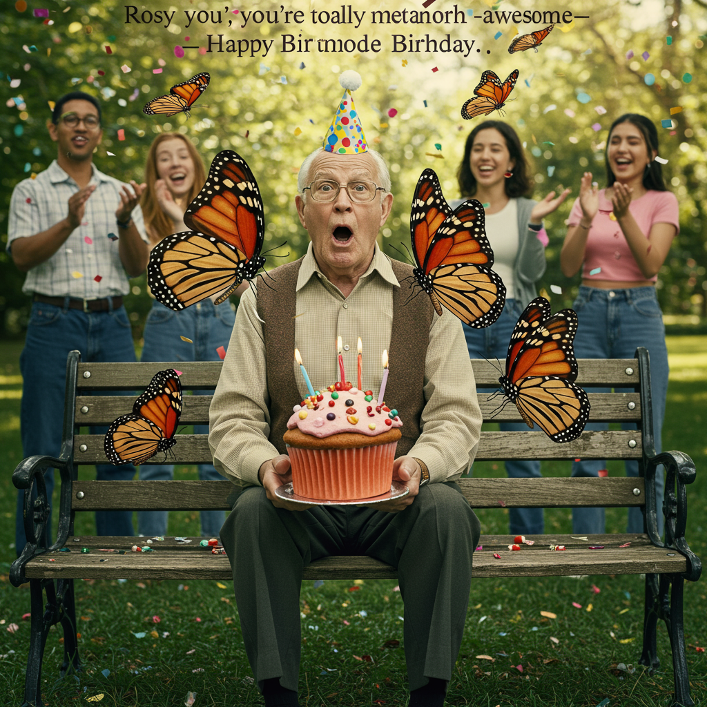 At the top of the realistic photograph image, “Rosy, you're totally metamorph-awesome — Happy Birthday!”

Realistic photograph prompt: A surprised elderly man sitting on a park bench holding a giant birthday cupcake, while a swarm of oversized, brightly-colored butterflies gently land on his head, shoulders, and the cupcake — one butterfly wearing a tiny party hat. Behind him, a group of people cheer while another butterfly steals a bite of the cupcake. The scene is bright and sunny, with confetti falling from above as if nature itself is throwing a surprise party. The expression on the man's face is equal parts confusion and delight.
Generated with these themes: Butterfly, and .
Made with ❤️ by AI.