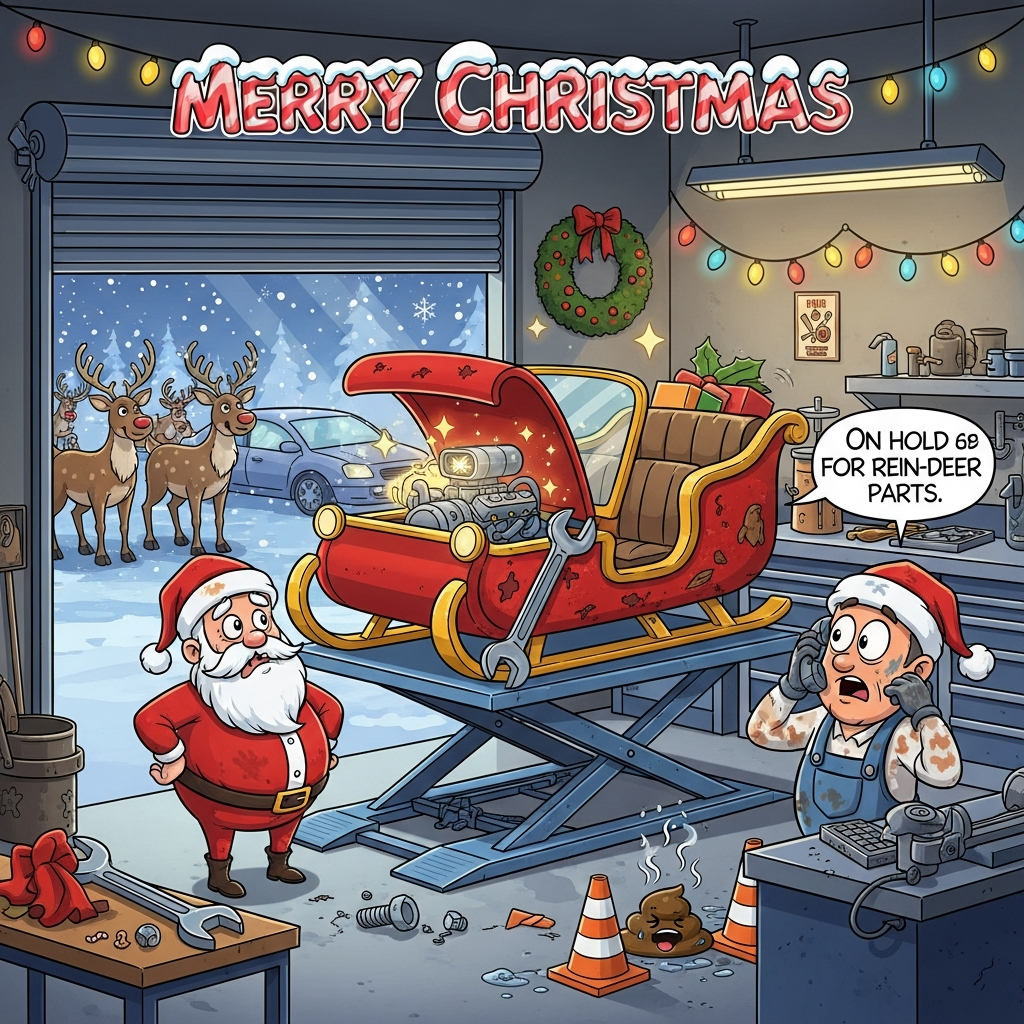 Santa's sleigh on a mechanic's ramp broken down Christmas Cards - Silly ...