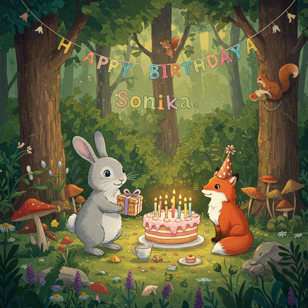 **Front Cover Illustration Description:**

*Scene Layout:*
Imagine a whimsical woodland clearing, bustling with the joyous activity of an animated birthday celebration. A charming little tea party is set amidst a vibrant tapestry of wildflowers, towering mushrooms, and sun-dappled ferns. In the center of this delightful gathering is an oversized, intricately decorated birthday cake, adorned with colorful candles that flicker gently in the gentle breeze.

*Foreground Elements:*
At the heart of the scene, a cuddly, rotund bunny, reminiscent of Beatrix Potter's style, stands on its hind legs, enthusiastically presenting a small gift wrapped in shiny foil with a large, looping bow. The bunny's fur is a soft pastel gray, with a subtle hint of blue around its ears and nose, bringing a gentle contrast to its bright, twinkling eyes. Beside the bunny, a clever little fox, drawn with the intricate detail of Arthur Rackham's characters, sits eagerly with its bushy tail curled neatly around its feet, wearing a tiny party hat adorned with polka dots in cheerful hues of red, yellow, and green.

*Background Details:*
Behind this duo, the forest is alive with the enchantment of Maurice Sendak-inspired creatures. A group of curious squirrels, with fluffy tails and inquisitive eyes, scamper up a nearby tree, their attention drawn by the festivities below. Above them, a garland of leaves and flowers hangs, artfully stretching between two trees. Nestled in this garland, vibrant letters spell out "Happy Birthday Sonika" in a playful, hand-drawn script reminiscent of Quentin Blake's whimsical lines.

*Color Palette:*
The entire scene is bathed in the warm, golden light of late afternoon, creating a harmonious blend of deep emerald greens, soft sky blues, and the earthy browns of the woodland floor. The cake itself is a delightful mixture of pastel pinks and whites, with decorative swirls of buttercream that mimic the playful style of N.C. Wyeth's bold, colorful illustrations. Delicate wildflowers in vivid shades of violet and yellow pepper the ground, adding bursts of color that echo the enchanting vibrancy of Maxfield Parrish's landscapes.

*Final Touches:*
Floating gently across the sky, a cluster of luminous, translucent balloons in varying shades of azure, lavender, and peach add a final touch of whimsy. Their reflective surfaces catch the sunlight, casting tiny rainbows across the scene. These balloons complete the celebratory atmosphere, inviting the viewer to step into this magical birthday woodland and join the party.
Generated with these themes: Cute animal.
Made with ❤️ by AI.