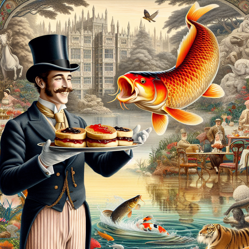 Imagine a captivating scene where a gallant butler, who has a charming demeanor with a smile that radiates warmth, is seen serving mouth-watering crumpets, generously adorned with sweet jam. Behind him, an ornate pond serves as a homeland for a vigorous koi carp that can be seen leaping energetically through the air, showcasing the vivid beauty of motion and nature. The backdrop of the scene is a richly detailed wildlife panorama, populated by a variety of animals, which symbolizes the abundance and diversity of nature. This illustration artistically brings together the concept of service and the pulsating vitality of life, hinting at the deep sentiments of gratitude and thanksgiving.
Generated with these themes: Sexy butler , Jam crumpets , Koi carp , and Wildlife .
Made with ❤️ by AI.