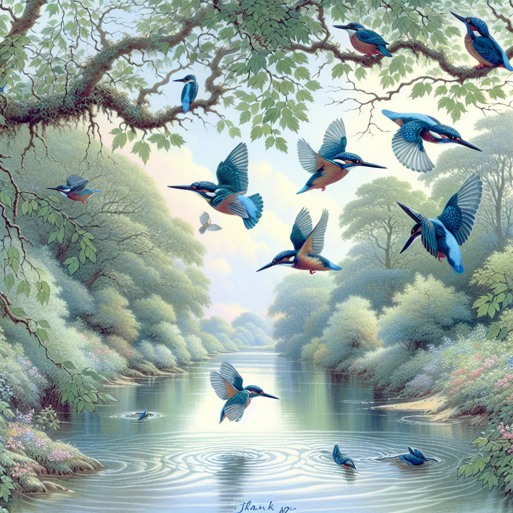 Visualize a tranquil scene by an idyllic English river. The scene is dominated by diving kingfishers, their swift movement causing gentle ripples on the water's surface. The colors used are soft pastel, which evoke feelings of serenity and gratitude. Overarching branches with delicate leaves contribute to the soothing atmosphere and frame the riverbanks. Nestled in the foliage, a handwritten inscription reading 'Thank You' completes the comforting and heartwarming tableau.
Generated with these themes: Diving kingfishers english river.
Made with ❤️ by AI.