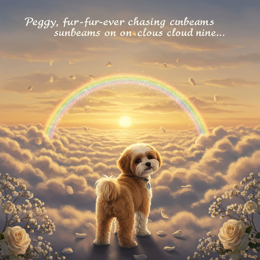 **Image Prompt:**  
At the top of the realistic photograph image, *“Peggy, fur-ever chasing sunbeams on cloud nine…”*

A solemn, high-resolution, realistic photograph-style image capturing a gentle scene of a gold and white Shih Tzu standing at the foot of a soft, glowing rainbow bridge that arches gracefully into the sky. The Shih Tzu looks back with a peaceful expression, fur slightly ruffled by a warm breeze. The surroundings are tranquil and dreamlike — golden-hour lighting, fluffy white clouds beneath the bridge, and a warm amber sky slowly fading to twilight. Subtle hints of sparkle along the rainbow bridge lend an ethereal quality. Soft flower petals (white roses and baby’s breath) drift gently in the air, symbolizing peace and memory. The Shih Tzu wears a small silver tag on its collar that reads “Love, Always.” The overall tone is deeply comforting and emotionally evocative.
Generated with these themes: Gold and white shi tzu crossing the rainbow bridge .
Made with ❤️ by AI.