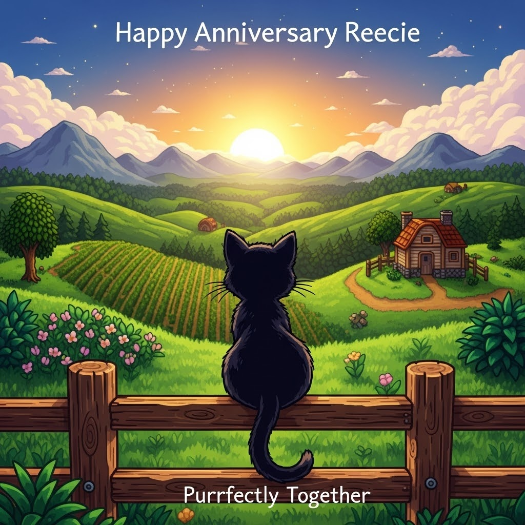 At the top of the Vector Style image, include the text "Happy anniversary Reecie".

Visualize a serene Stardew Valley-inspired scene with rolling hills, lush green fields, and a quaint little farmhouse nestled in the landscape. In the foreground, place an adorable black kitten sitting gracefully on a rustic wooden fence, gazing out into the horizon where the sun is setting, casting a warm golden glow over the valley. The kitten's curious eyes reflect the twinkling stars beginning to appear in the sky. 

Incorporate elements from Stardew Valley, like a small patch of blooming flowers or a few sprouting crops in the background. The image should evoke a feeling of warmth, serenity, and timeless love, perfectly capturing the essence of an anniversary celebration. Consider adding a subtle, whimsical caption at the bottom: "Purrfectly Together."
Generated with these themes: Black kitten, Stardew valley, and .
Made with ❤️ by AI.