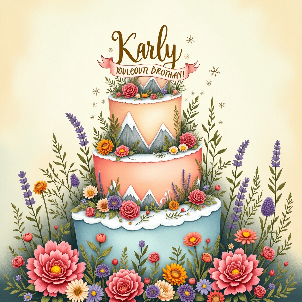 In the center of the card, illustrate an oversized, intricately detailed birthday cake that takes on a whimsical tiered design. The cake is composed of three layers, each progressively larger as they ascend. The bottom tier is decorated with elaborate icing flowers, reminiscent of Beatrix Potter's delicate floral illustrations, using colors like soft pinks, lavender, and mint green. 

On the middle tier, create an unexpected winter scene by crafting a snowy landscape. Tiny snow-capped mountains curve around the cake, with glistening snowflakes gently descending, echoing the storytelling detail of Arthur Rackham. The snowflakes, drawn with an intricate, lace-like quality similar to Aubrey Beardsley's style, are a brilliant white, highlighted with hints of frosty blue.

The top tier is where the eye-catching element resides: a hand-drawn banner unfurls across it with the name "Karly" written in a graceful, looping script that seems to dance in the wind. The letters are a shimmering gold, standing out against the pale blue sky backdrop, which is dotted with soft, fluffy clouds reminiscent of the enchanting skies painted by Maxfield Parrish.

In the background, a garden bursts into bloom, filled with oversized, fantastically exaggerated flowers in the style of Maurice Sendak. Bold daisies with bright yellow centers and extravagant, velvety roses in deep crimson and rich violet add a burst of color. A few whimsical creatures, inspired by Edward Gorey's detailed pen work, peek playfully from behind the flowers, adding a touch of charm and surprise.

Throughout the scene, delicate tendrils of vines weave their way around, connecting the elements in a playful nod to Quentin Blake's carefree line work. The sky overhead is an expansive canvas of soft pastels, with a gentle gradient from peach to twilight blue, evoking a serene, almost magical atmosphere, as a gentle reminder of a perfect celebration frozen in time.
Generated with these themes: flowers, snow, cake.
Made with ❤️ by AI.
