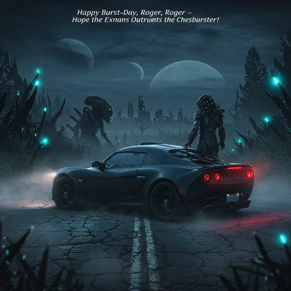 2) Birthday AI Generated Card - Alien vs predator, and Lotus exige (4d960)
